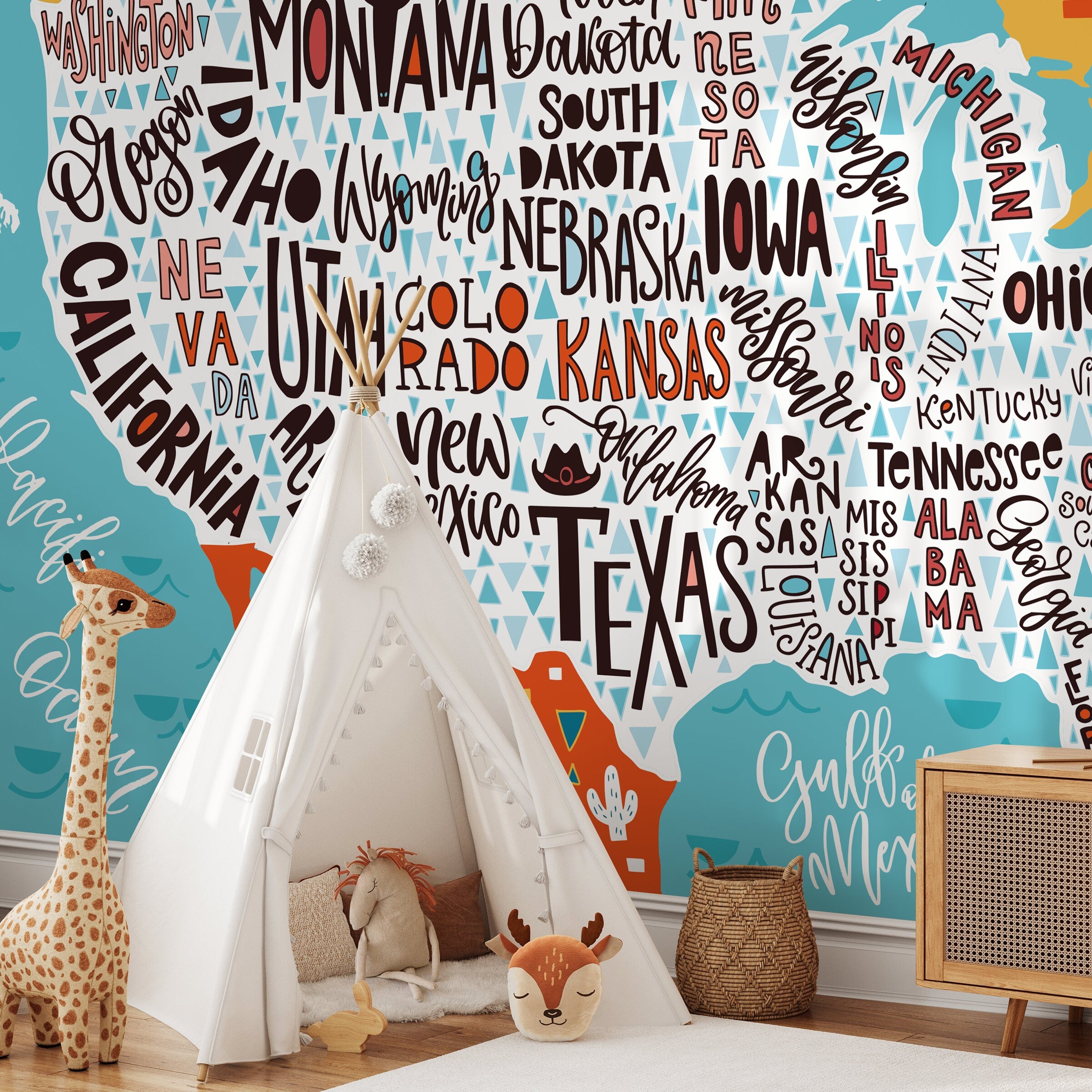 Map Wallpaper With A Typographic Usa Design In Teal, Yellow, And Red - A905