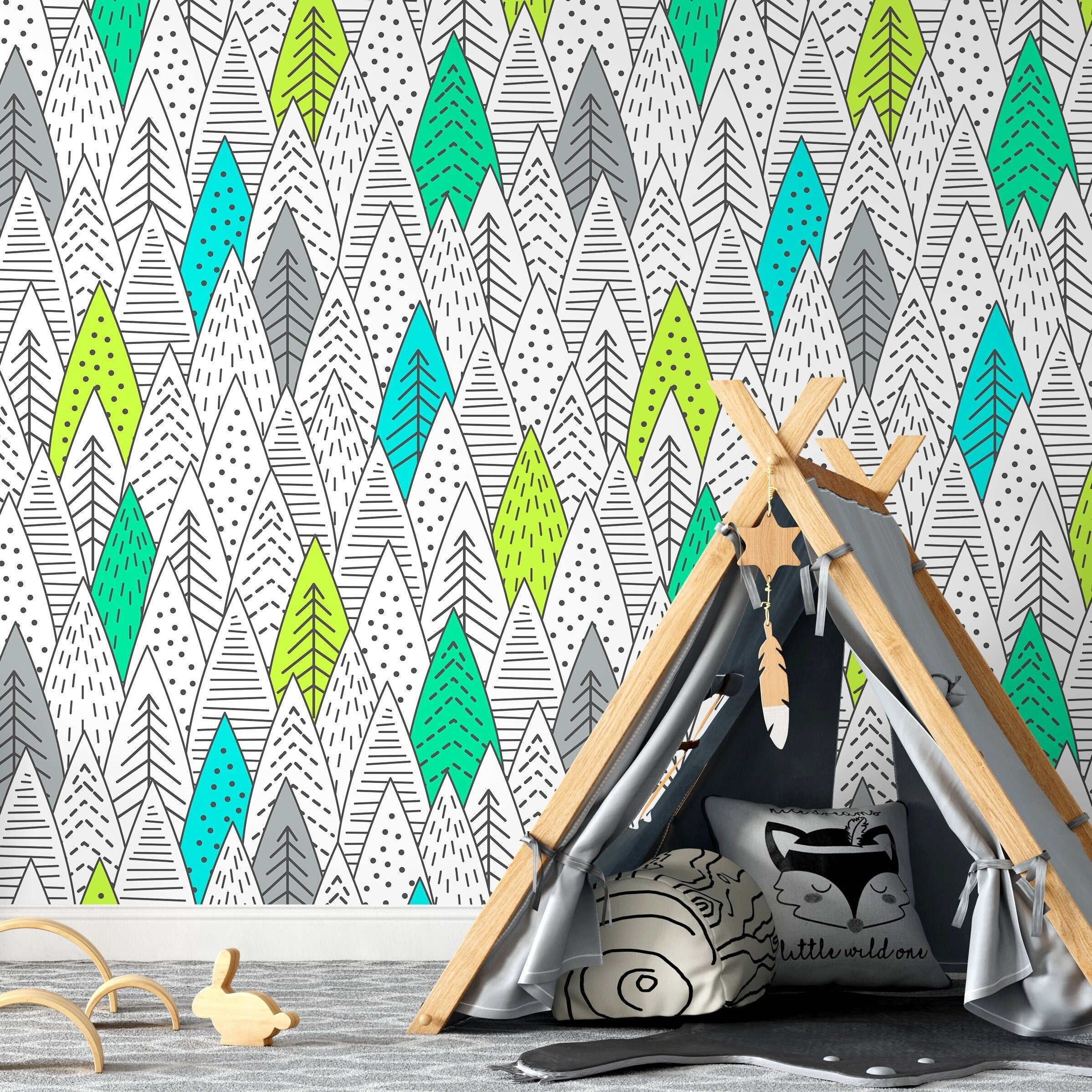 Scandinavian Wallpaper With A Hand-drawn Tree Pattern In Green, Teal, And Grey - A906