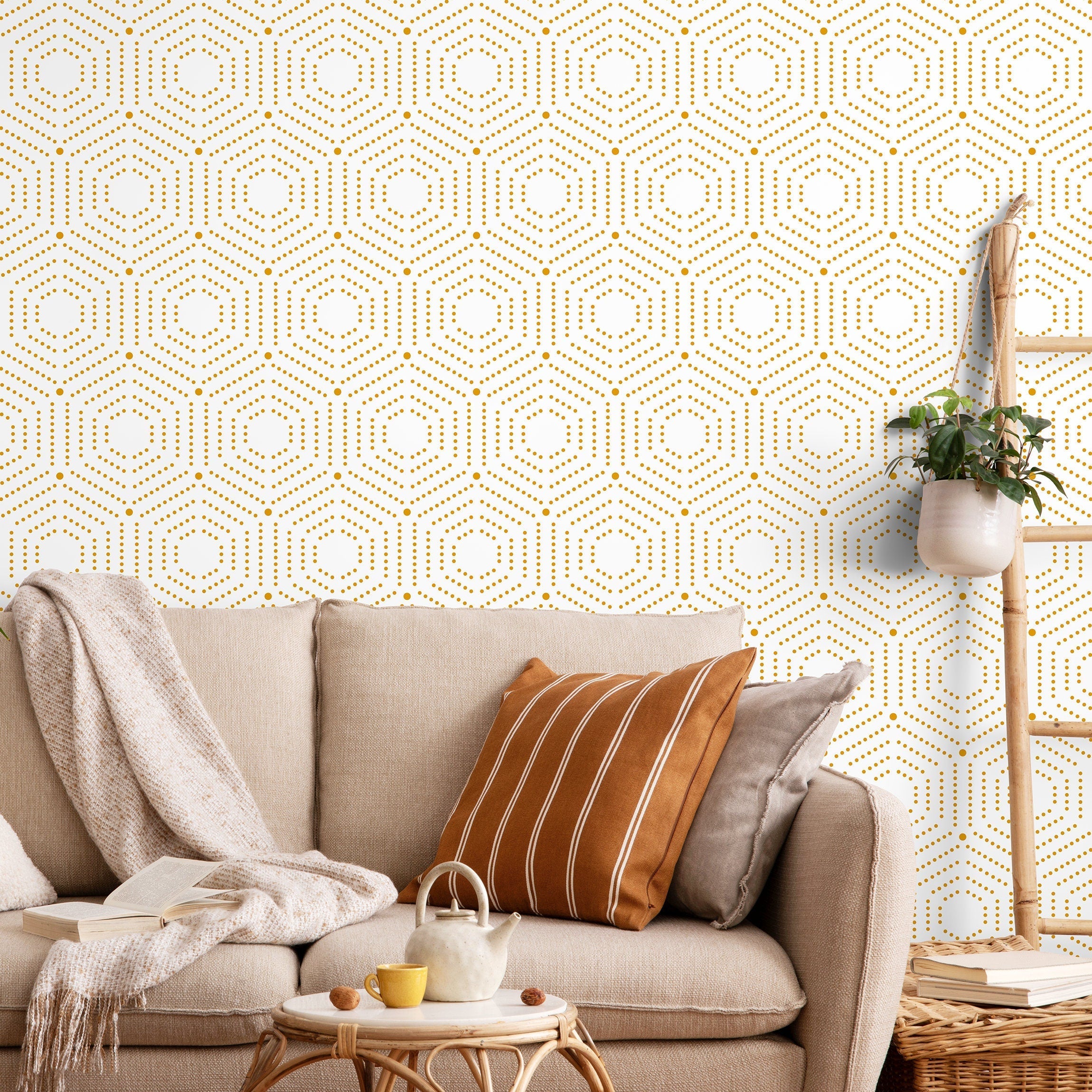 Geometric Wallpaper With A Dotted Hexagon Motif In Yellow - A909