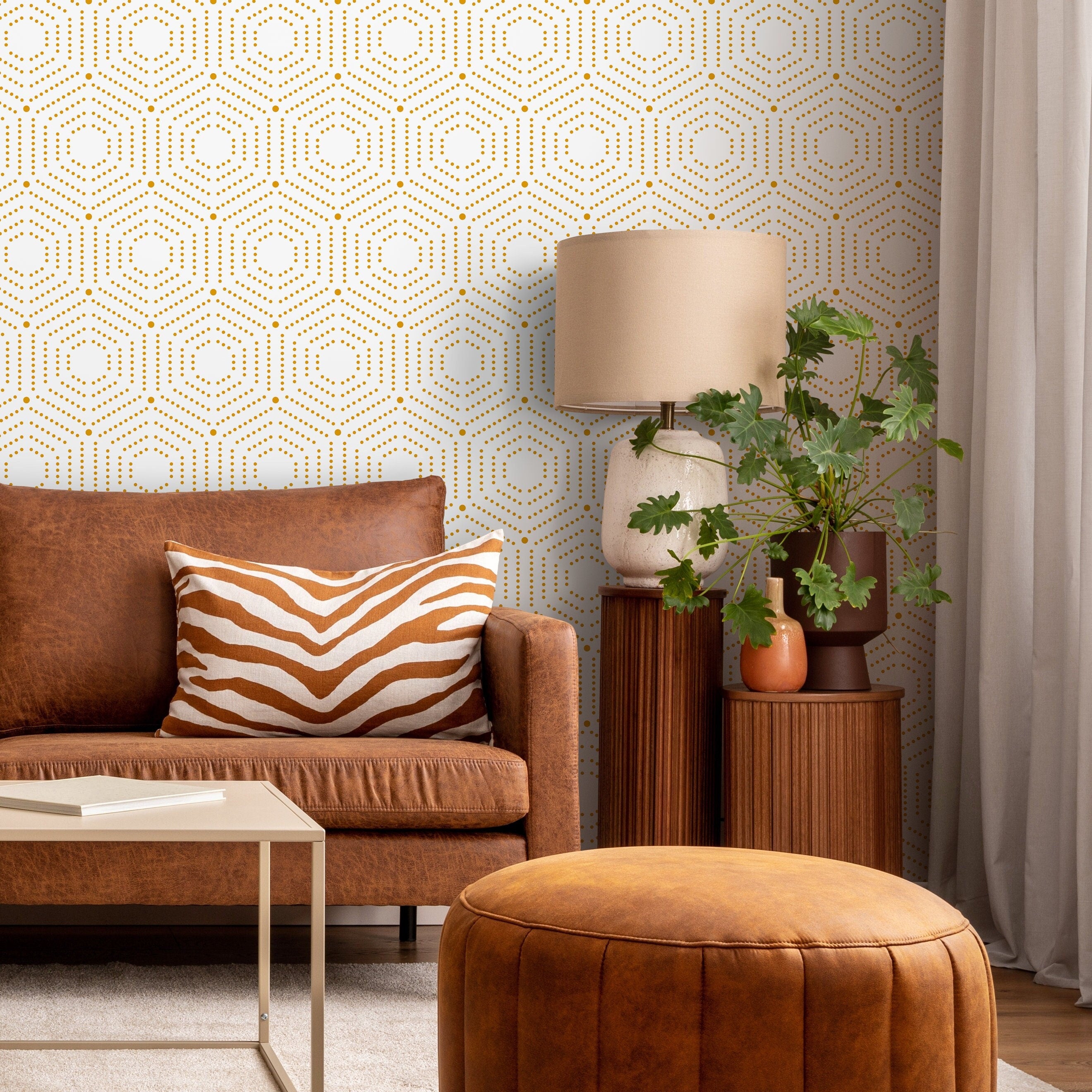 Geometric Wallpaper With A Dotted Hexagon Motif In Yellow - A909