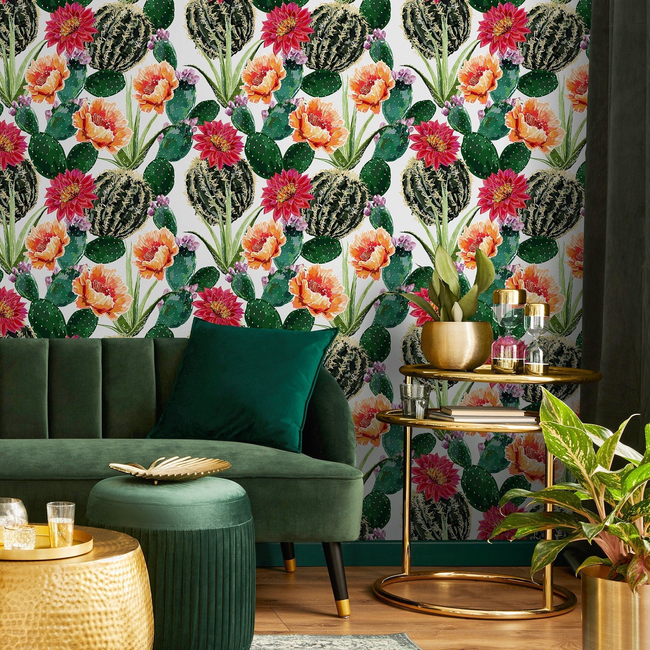 Botanical Wallpaper Featuring Flowering Cacti In Green, Pink, And Orange - A911
