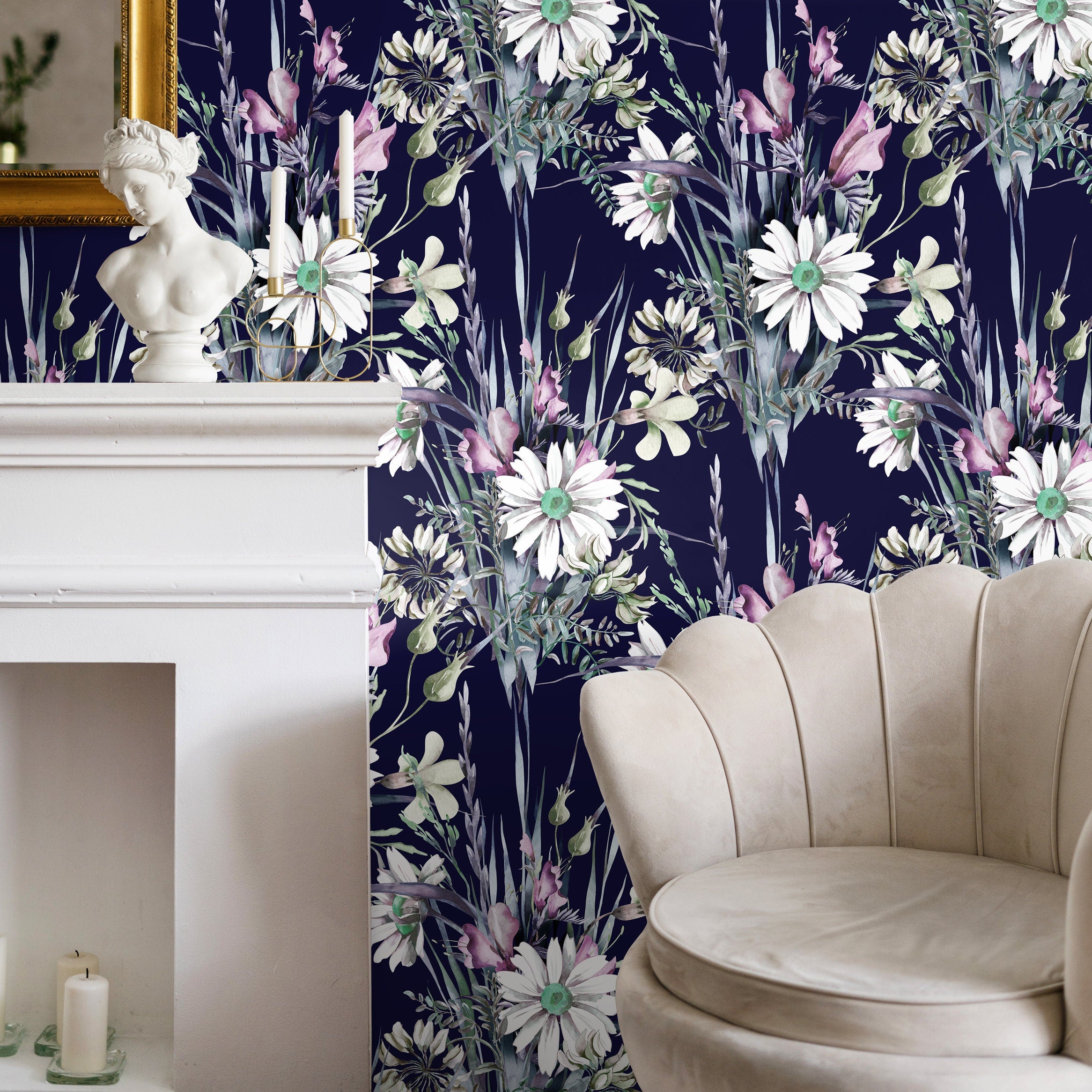 Floral Wallpaper With Watercolor Wildflowers In Navy Blue, Pink, And Green - B161