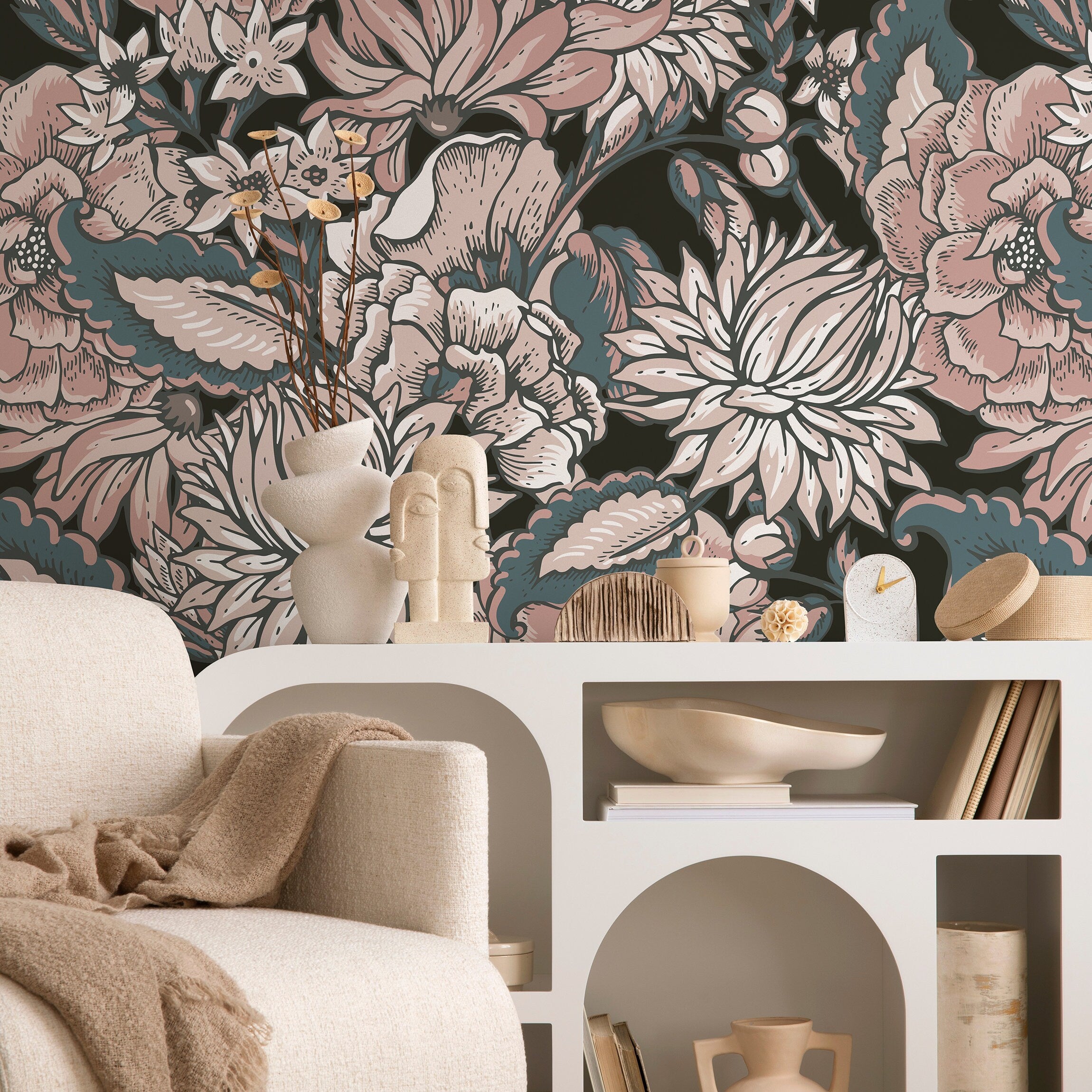 Floral Wallpaper With A Vintage Etched Motif In Pink, Slate Blue, And Black - B164