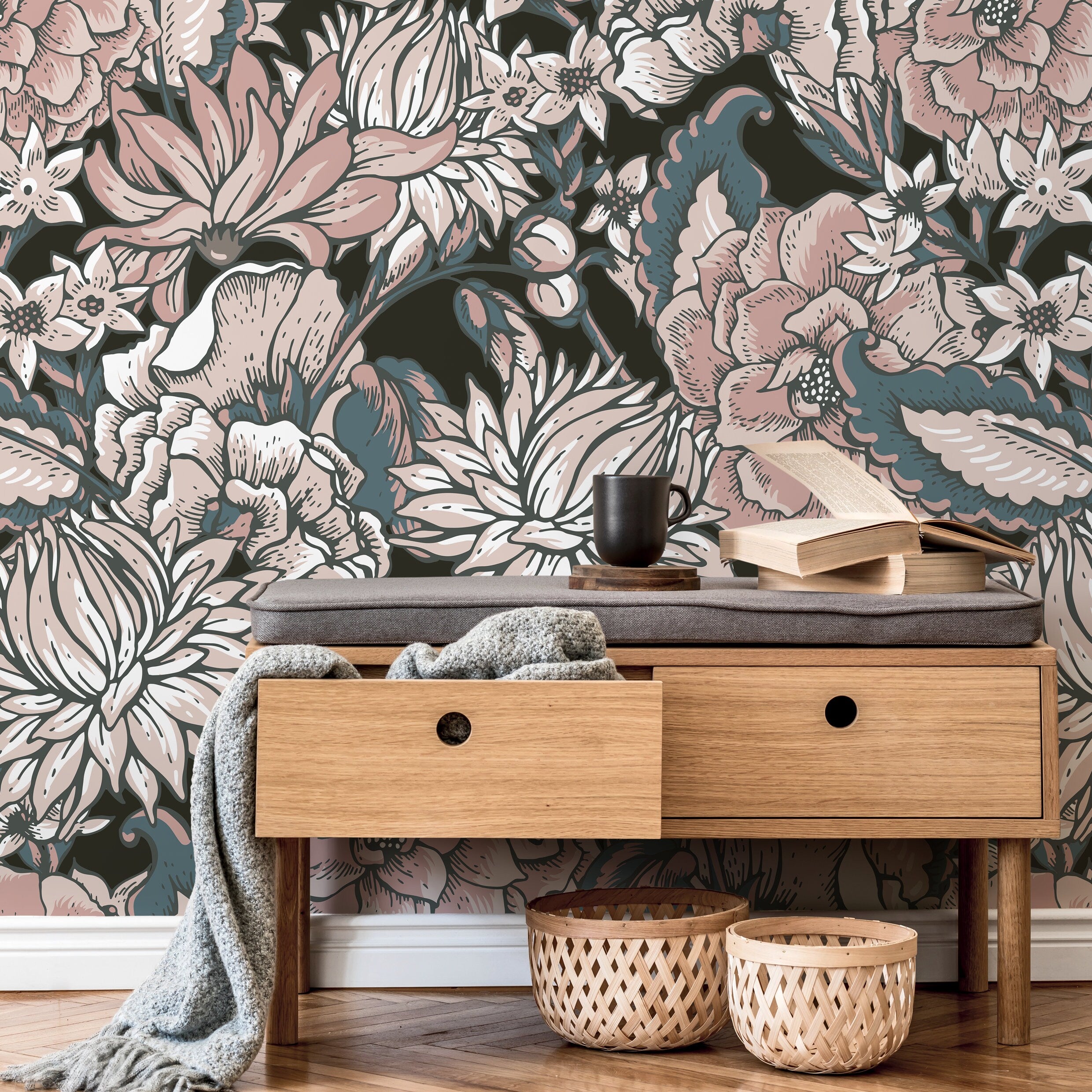 Floral Wallpaper With A Vintage Etched Motif In Pink, Slate Blue, And Black - B164
