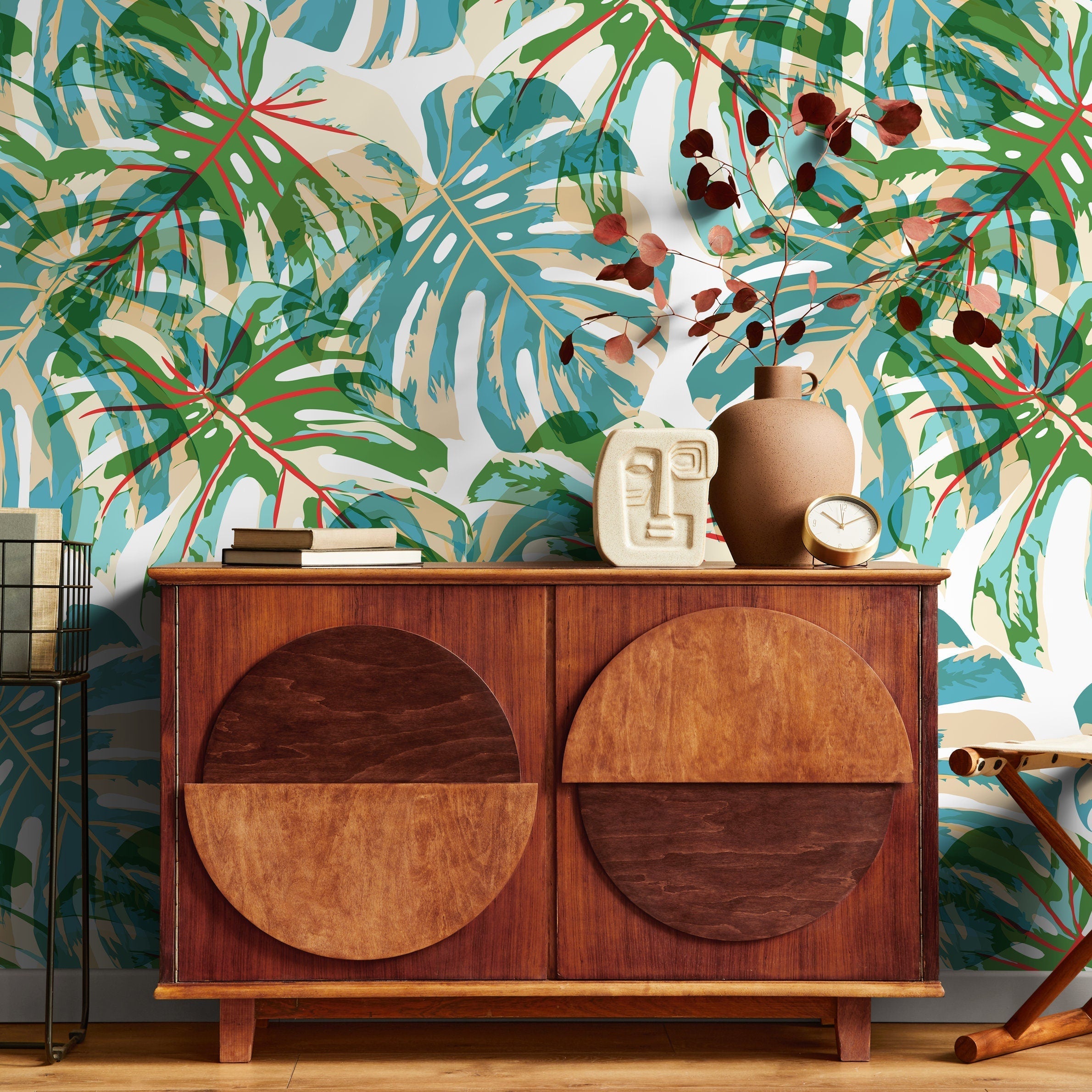 Tropical Wallpaper With Pop Art Monstera Leaves In Green, Blue, And Red - B174