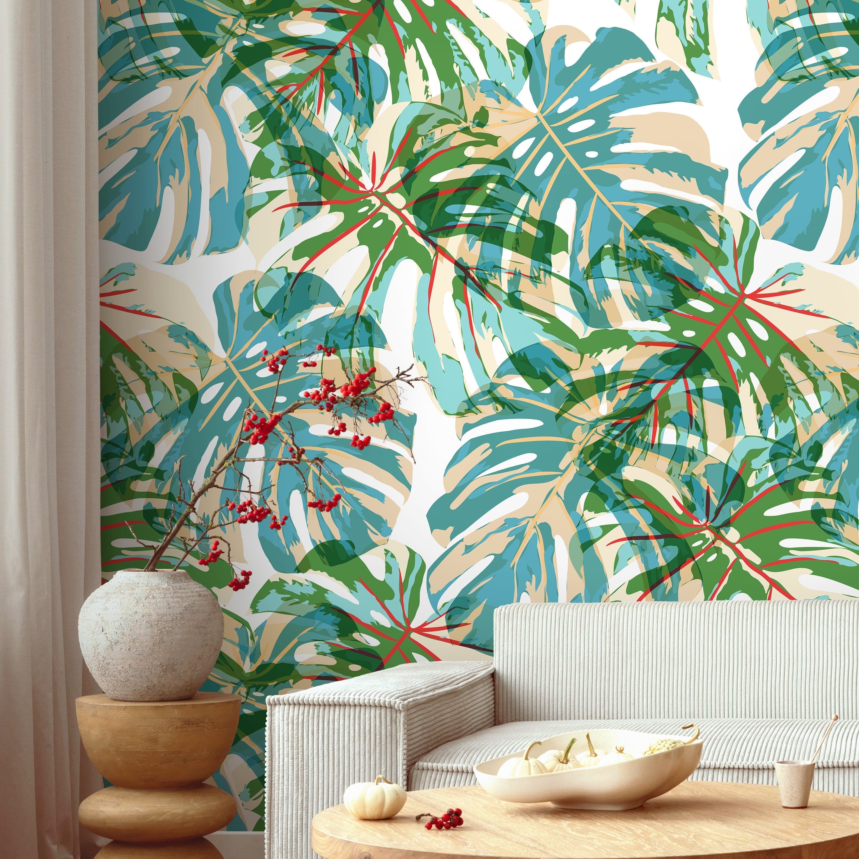 Tropical Wallpaper With Pop Art Monstera Leaves In Green, Blue, And Red - B174