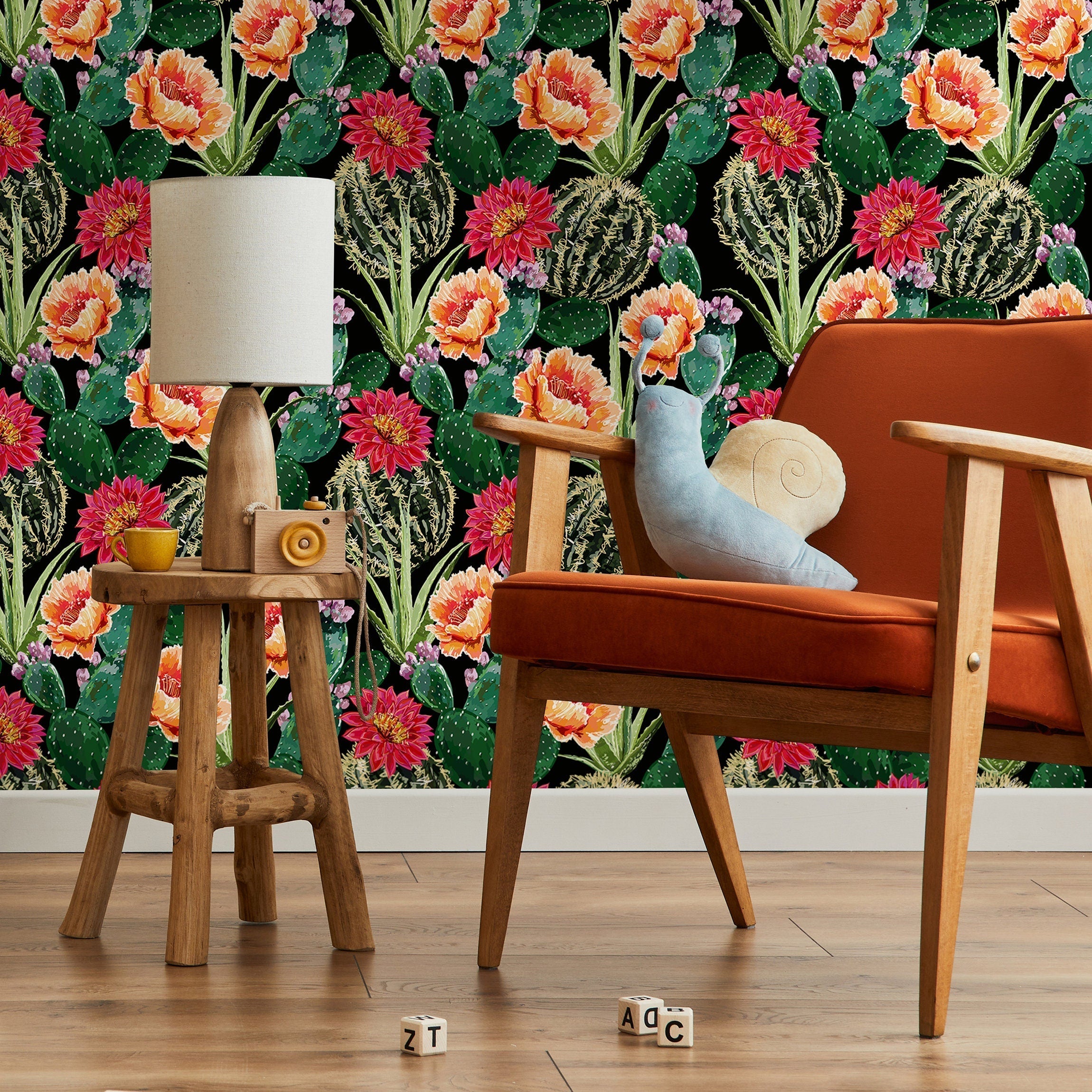 Cactus Wallpaper With Blooming Desert Flowers In Red, Orange, And Green - A913