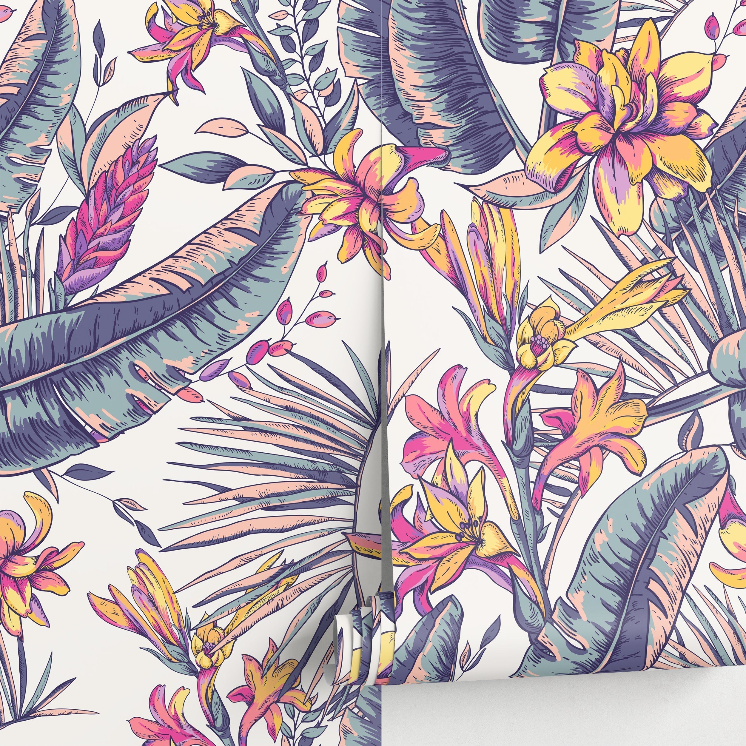 Tropical Wallpaper With An Artistic Floral Motif In Purple, Pink, And Yellow - A914