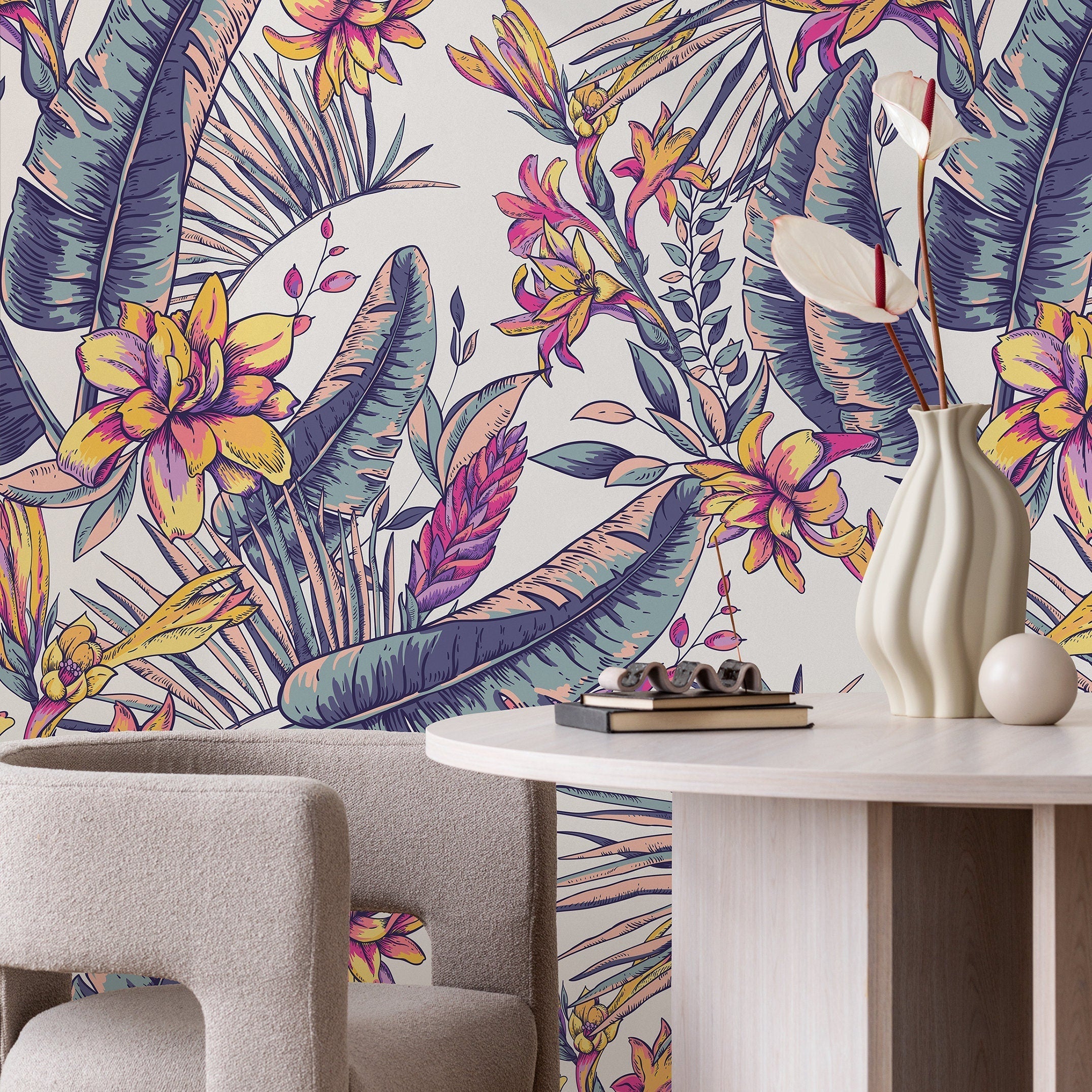 Tropical Wallpaper With An Artistic Floral Motif In Purple, Pink, And Yellow - A914