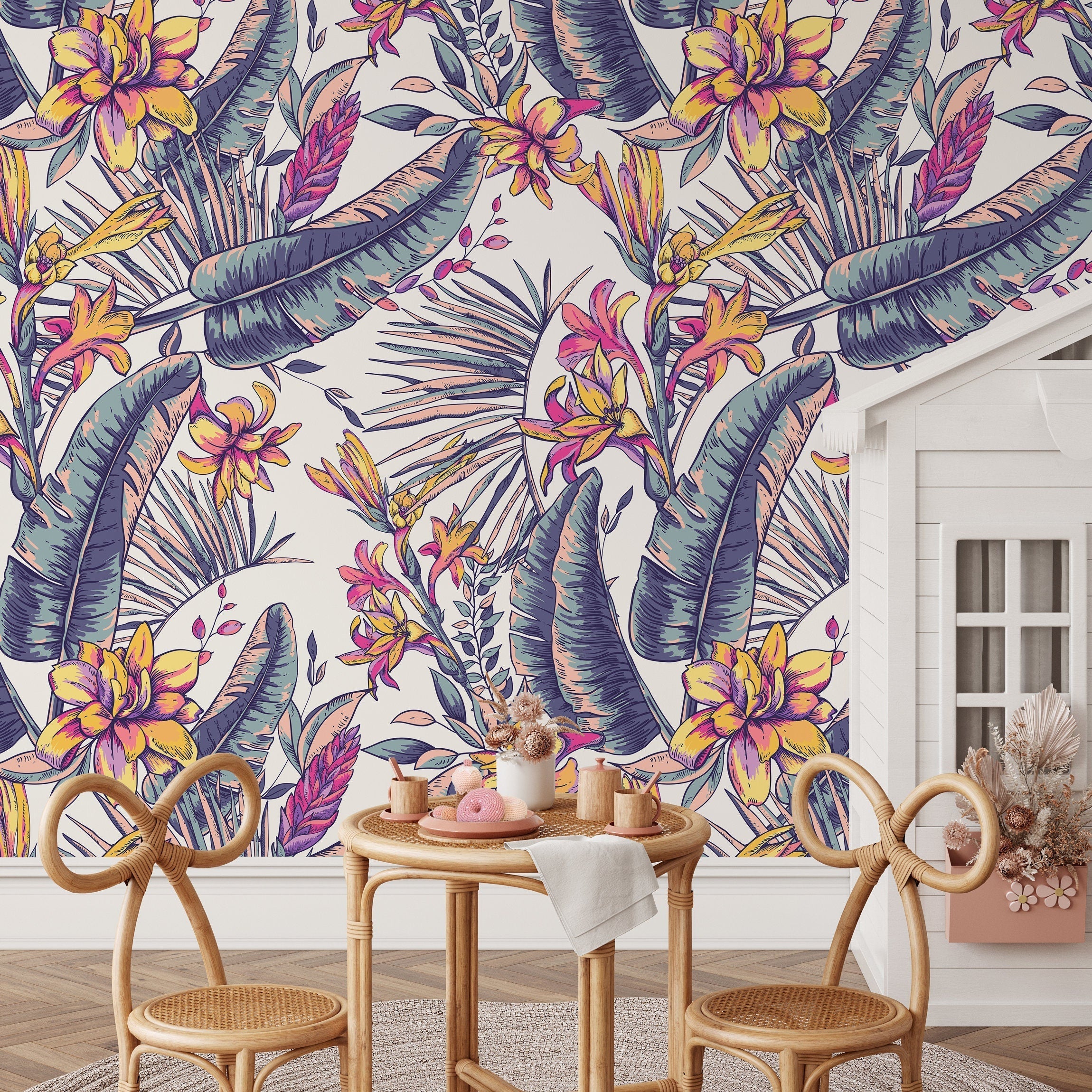 Tropical Wallpaper With An Artistic Floral Motif In Purple, Pink, And Yellow - A914