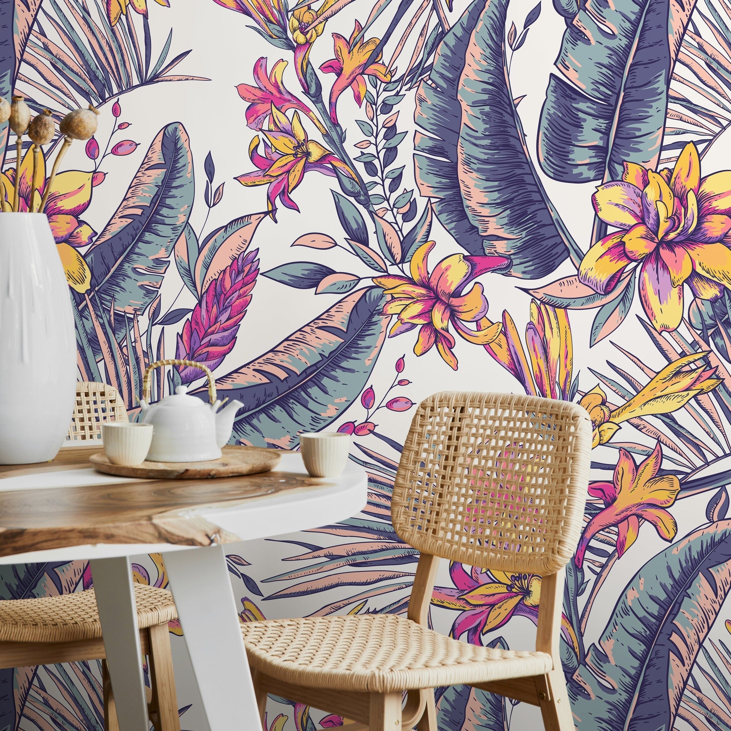 Tropical Wallpaper With An Artistic Floral Motif In Purple, Pink, And Yellow - A914