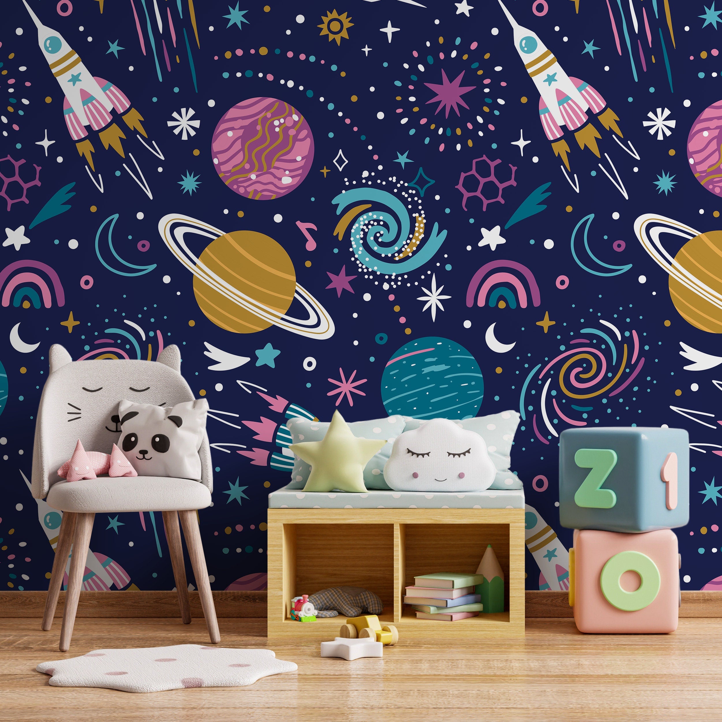 Space Wallpaper With Colorful Rockets And Planets In Blue, Pink, And Teal - A935