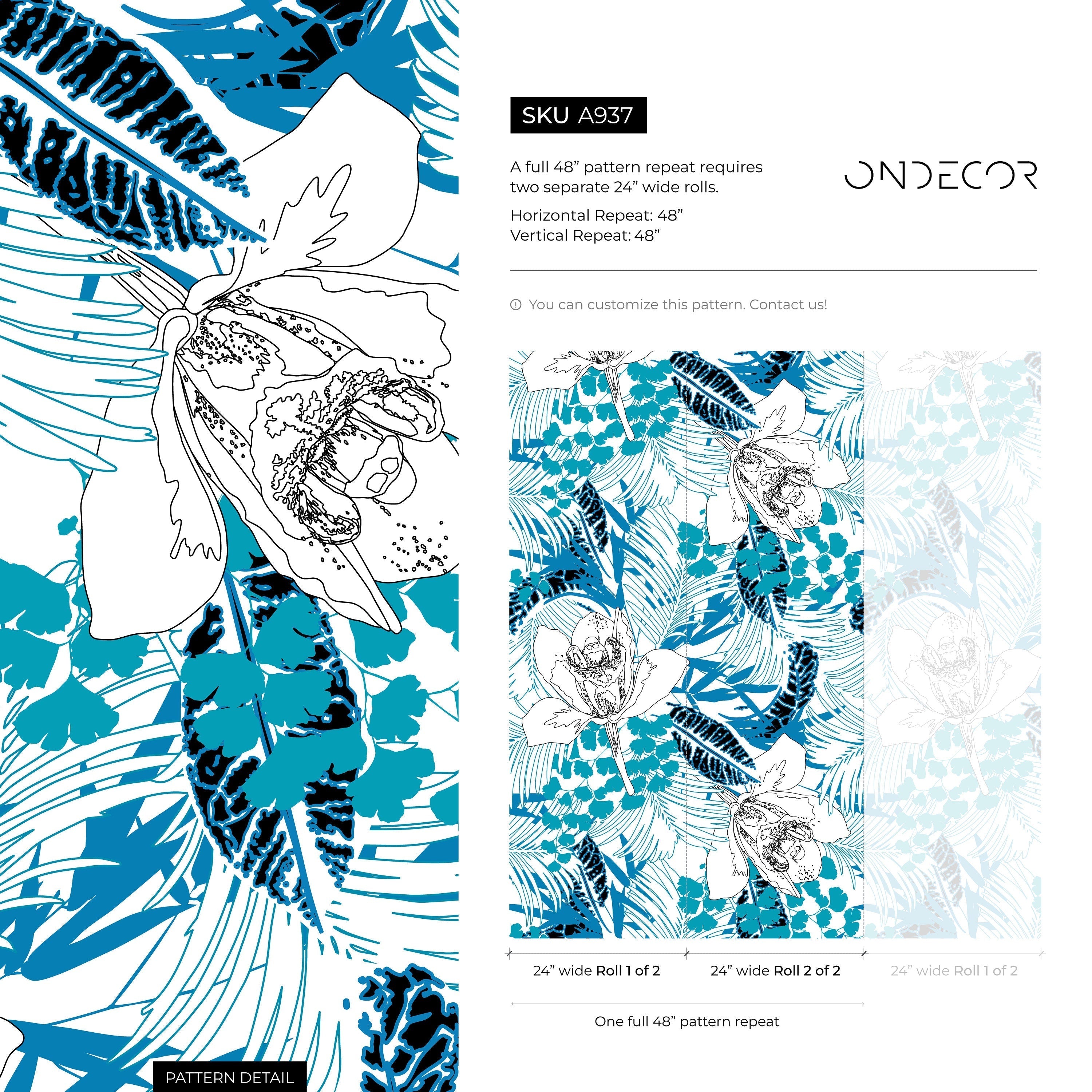 Floral Wallpaper With Line Art Orchids And Tropical Leaves In Blue And Black - A937