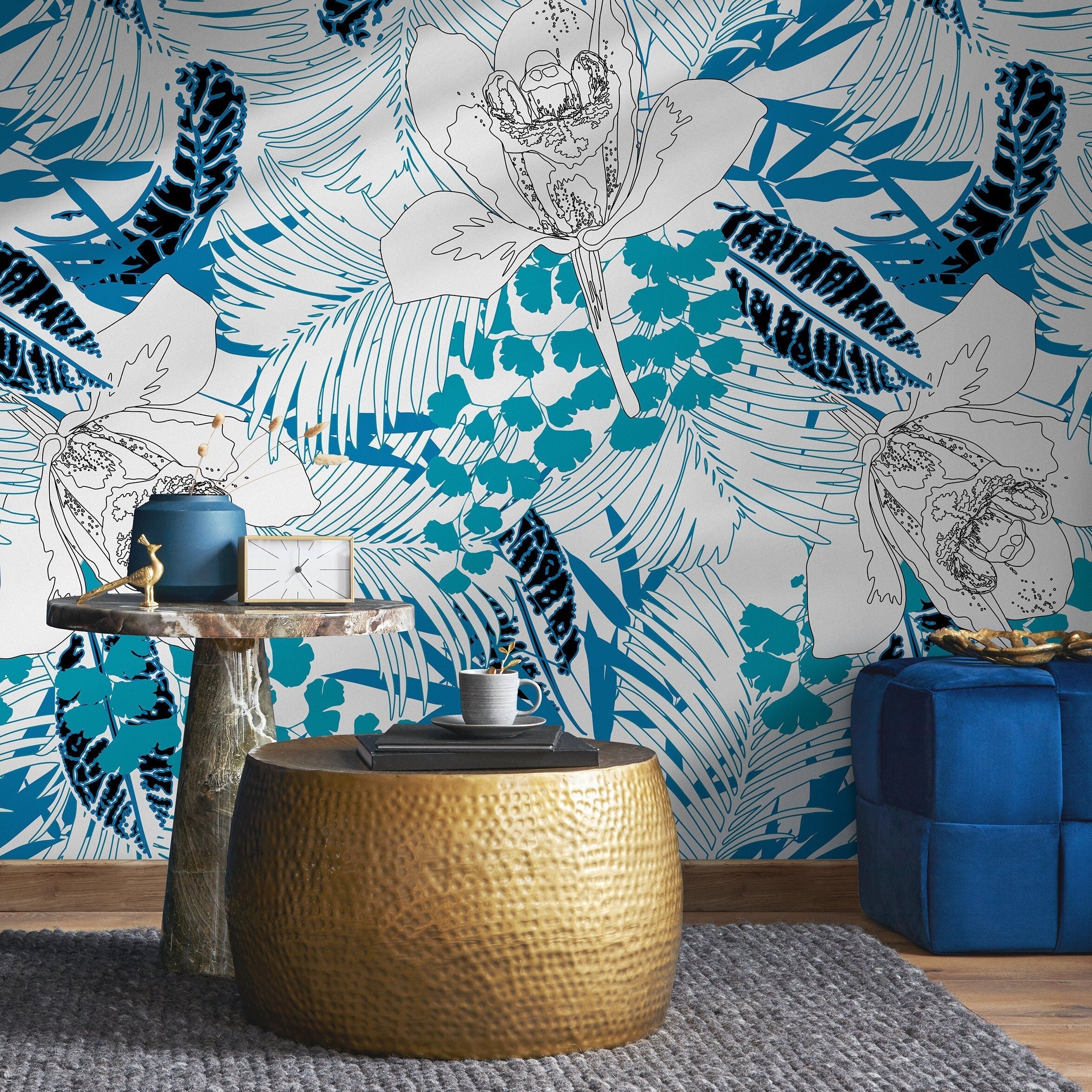 Floral Wallpaper With Line Art Orchids And Tropical Leaves In Blue And Black - A937