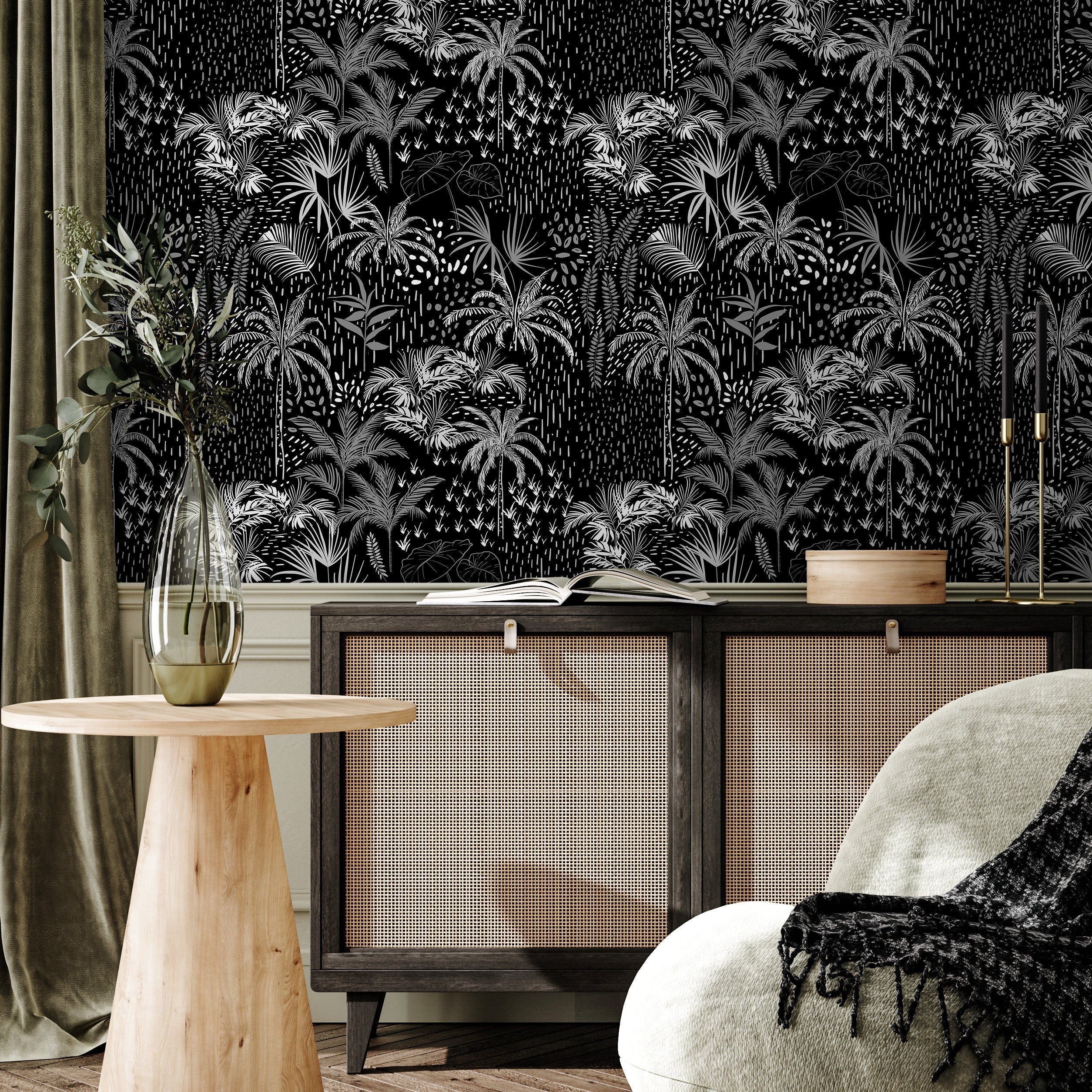 Tropical Wallpaper With A Graphic Jungle Scene In Black And White - A945