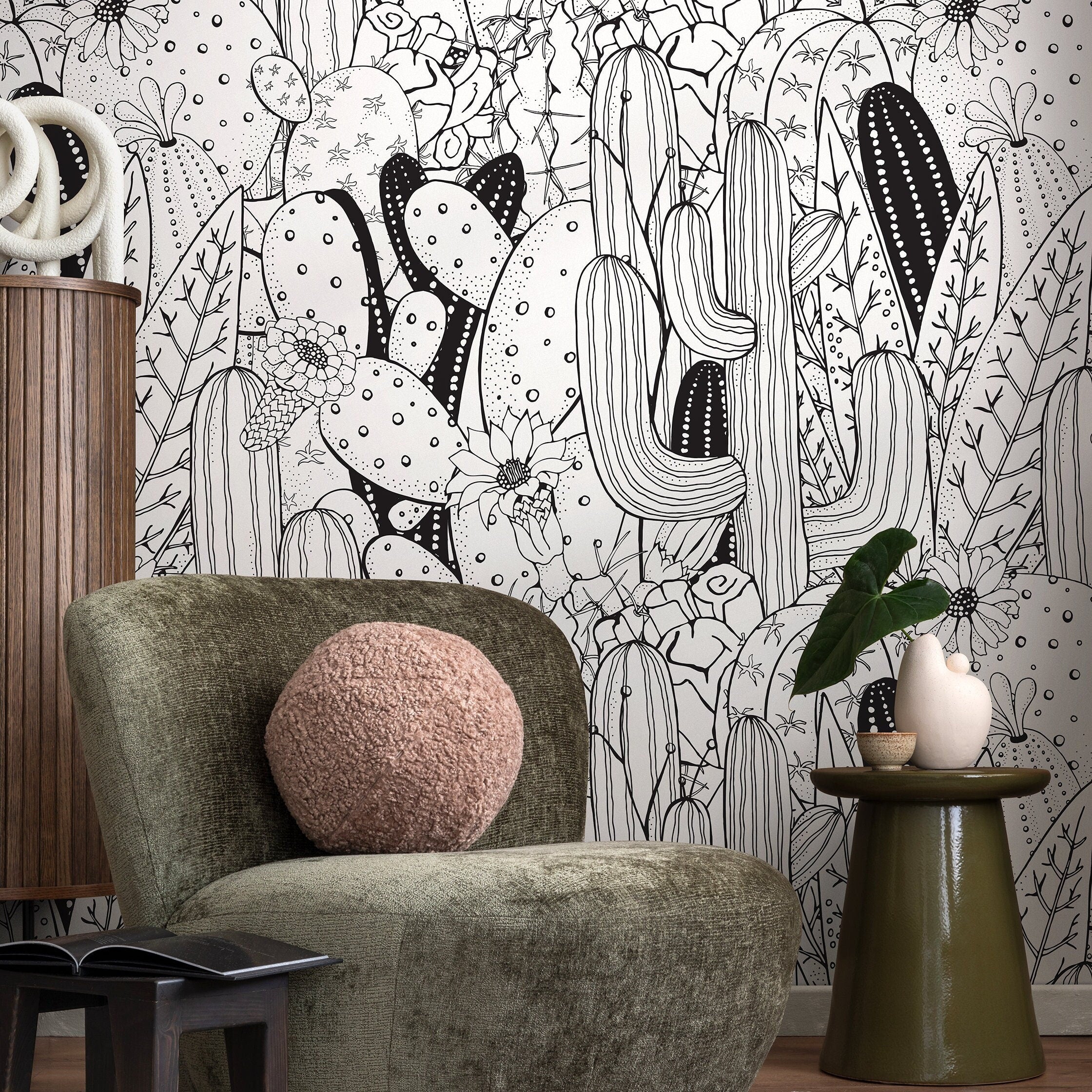 Cactus Wallpaper With A Line Art Desert Motif In Black And White - A946