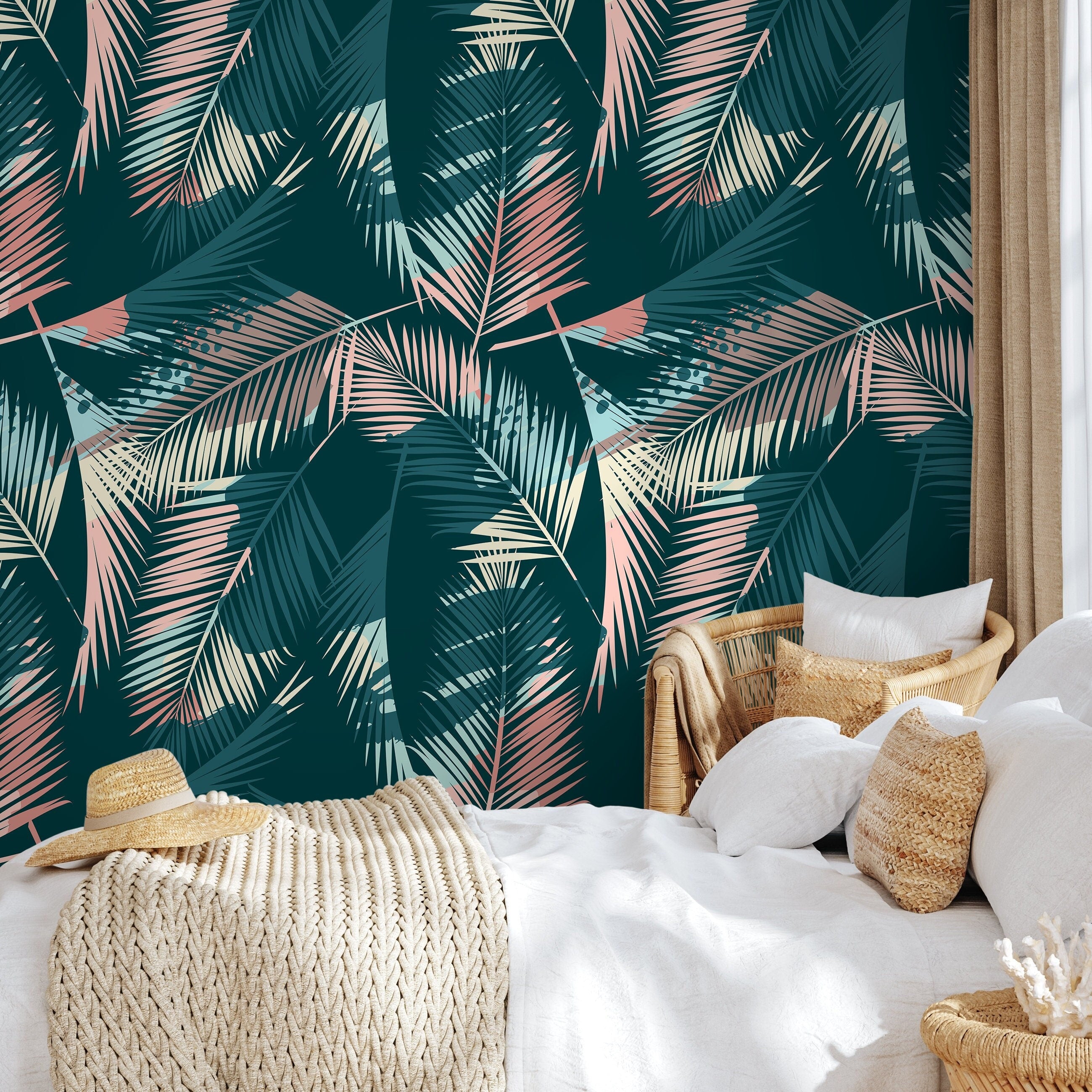 Tropical Wallpaper With Layered Palm Fronds In Teal, Pink, And Cream - A949