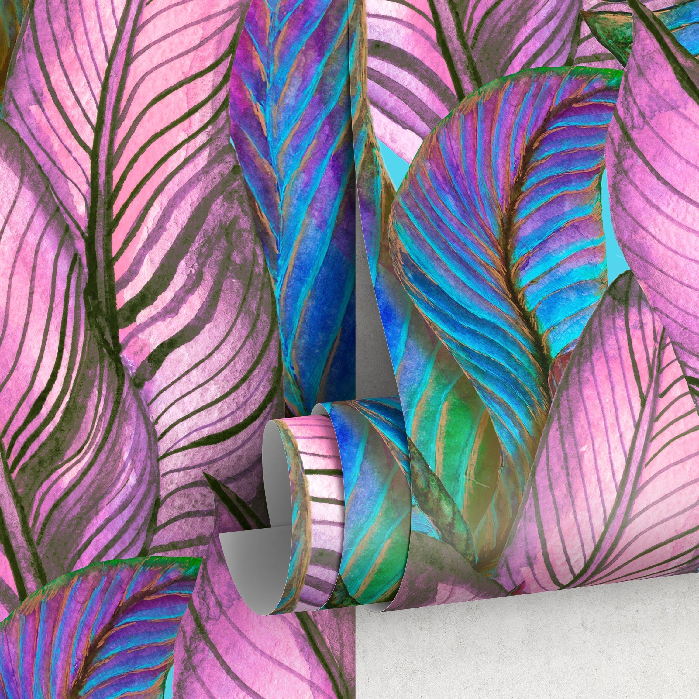Botanical Wallpaper With A Tropical Leaf Motif In Purple, Blue, And Pink - A964