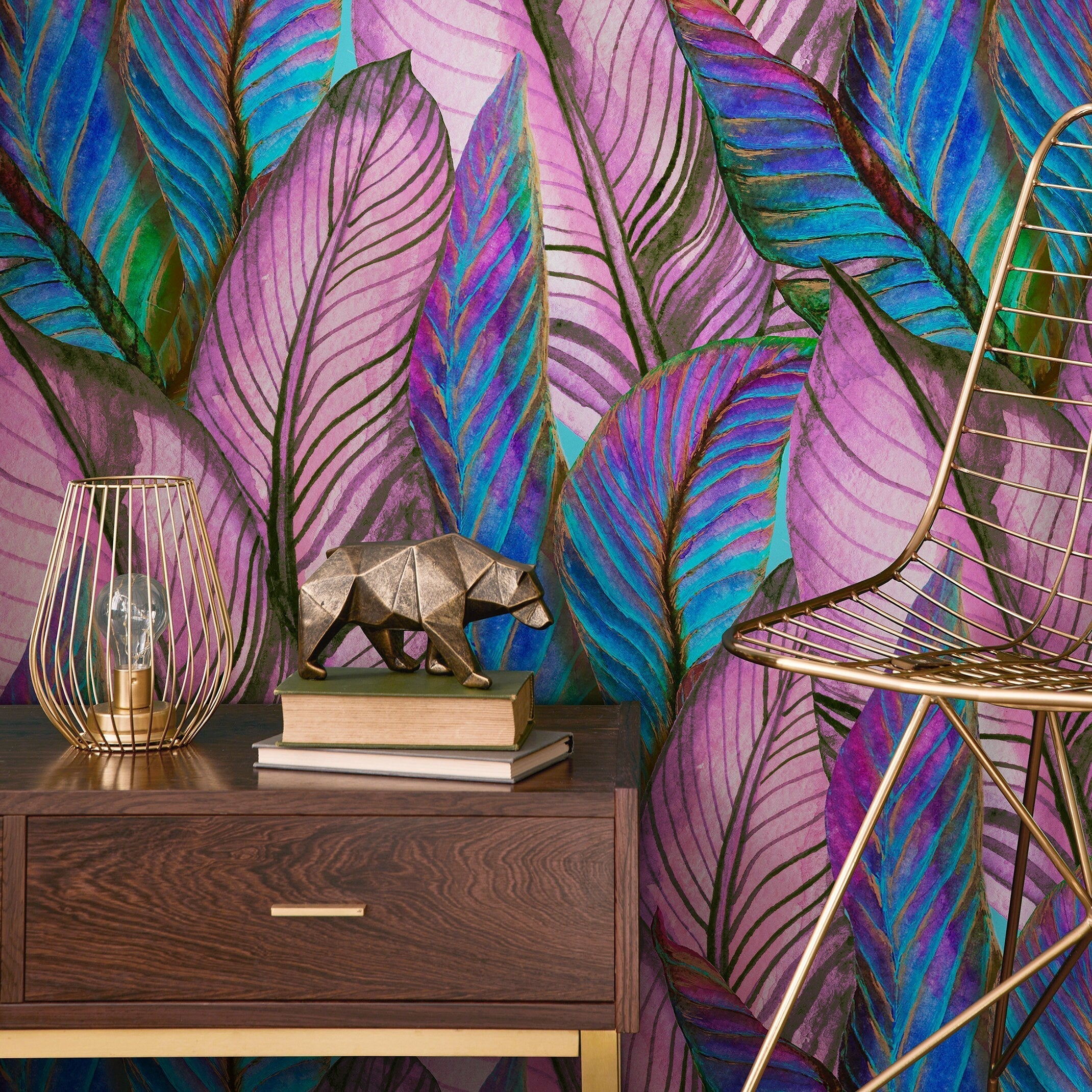 Botanical Wallpaper With A Tropical Leaf Motif In Purple, Blue, And Pink - A964
