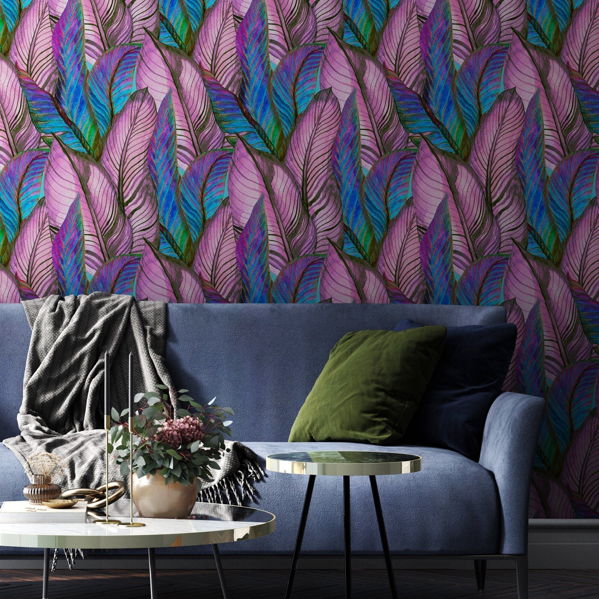 Botanical Wallpaper With A Tropical Leaf Motif In Purple, Blue, And Pink - A964