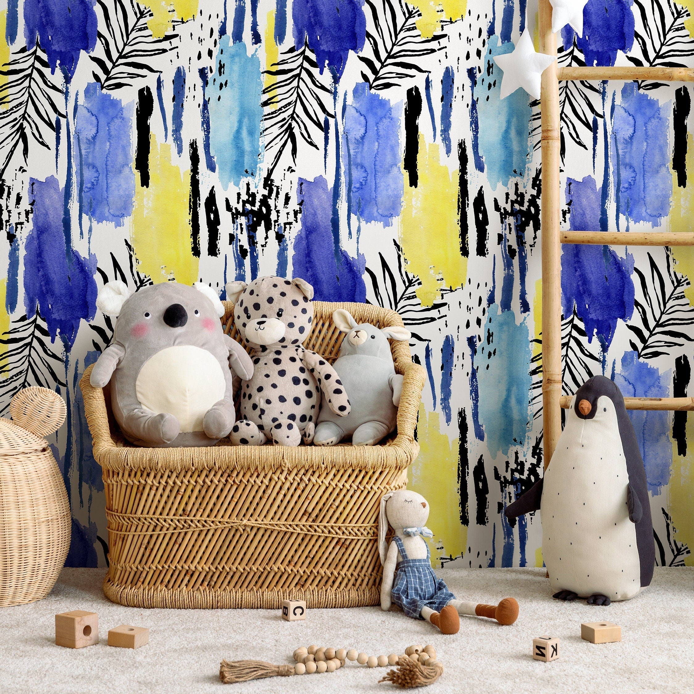 Abstract Wallpaper With Watercolor Stripes And Palm Leaves In Blue, Yellow, And Black - A966