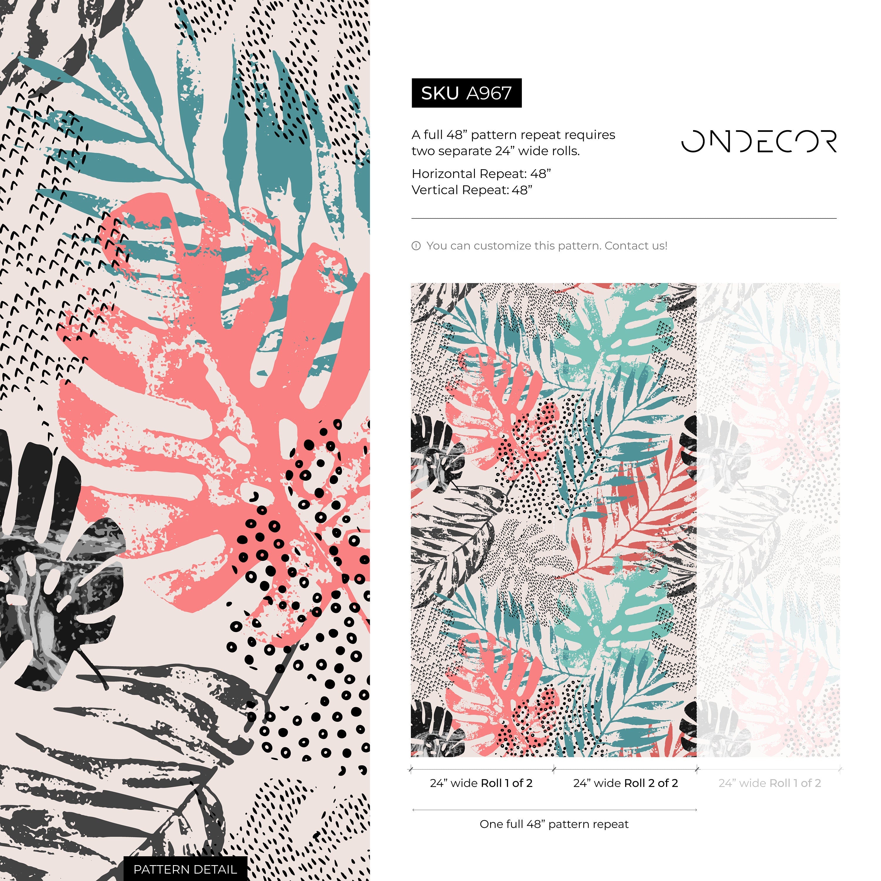 Botanical Wallpaper With An Abstract Leaf Collage In Pink, Teal, And Black - A967