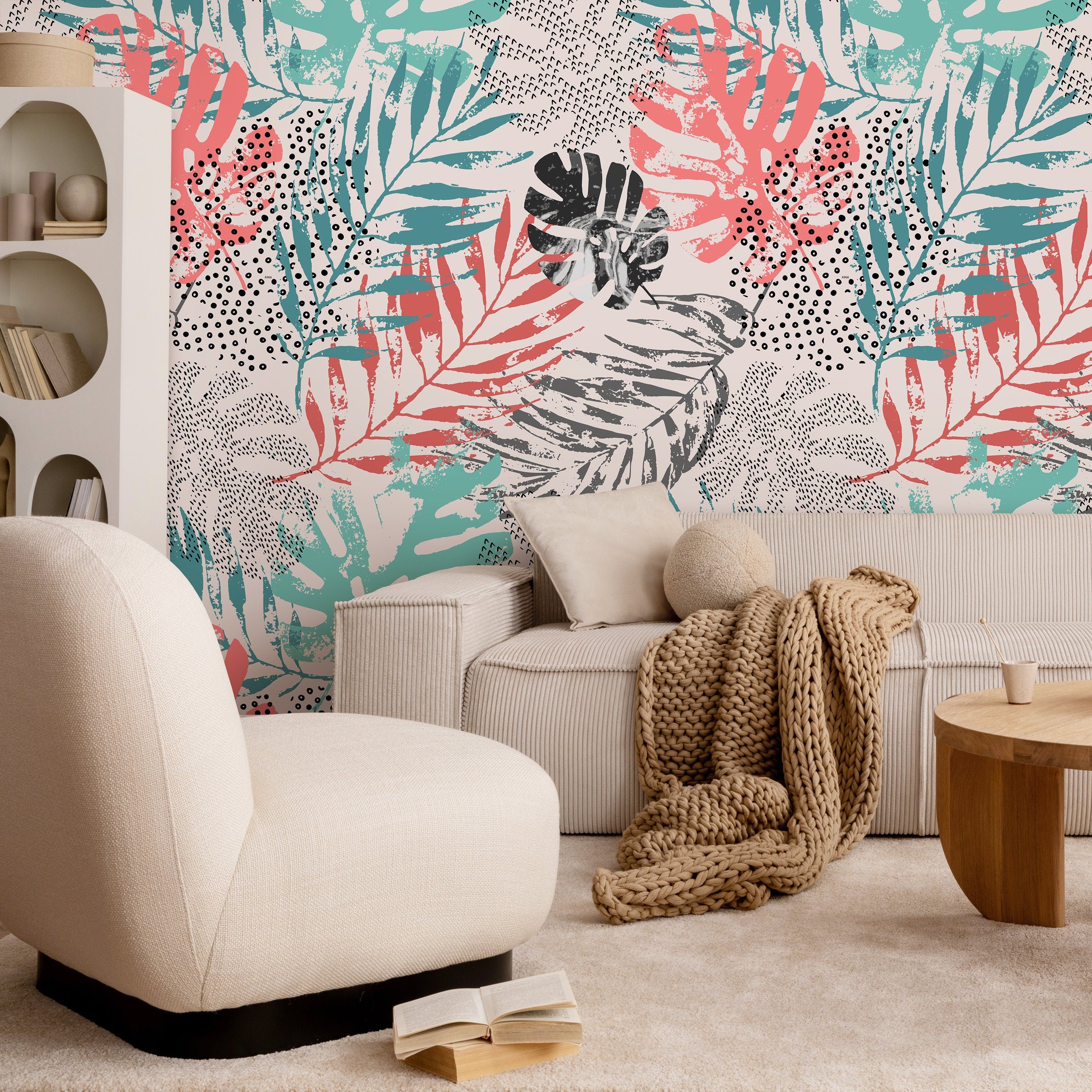 Botanical Wallpaper With An Abstract Leaf Collage In Pink, Teal, And Black - A967