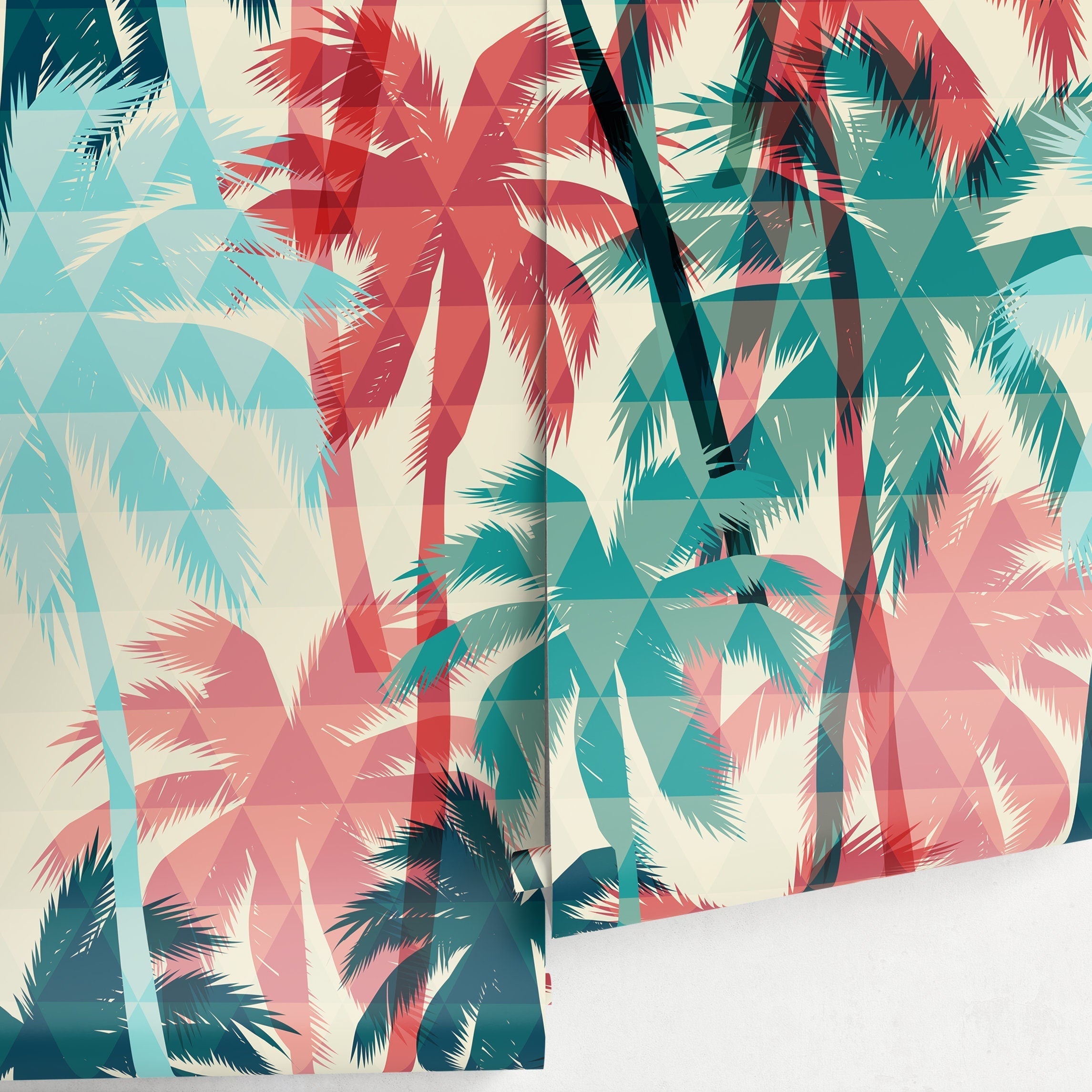 Tropical Wallpaper With A Geometric Palm Tree Motif In Teal, Red, And Blue - A972