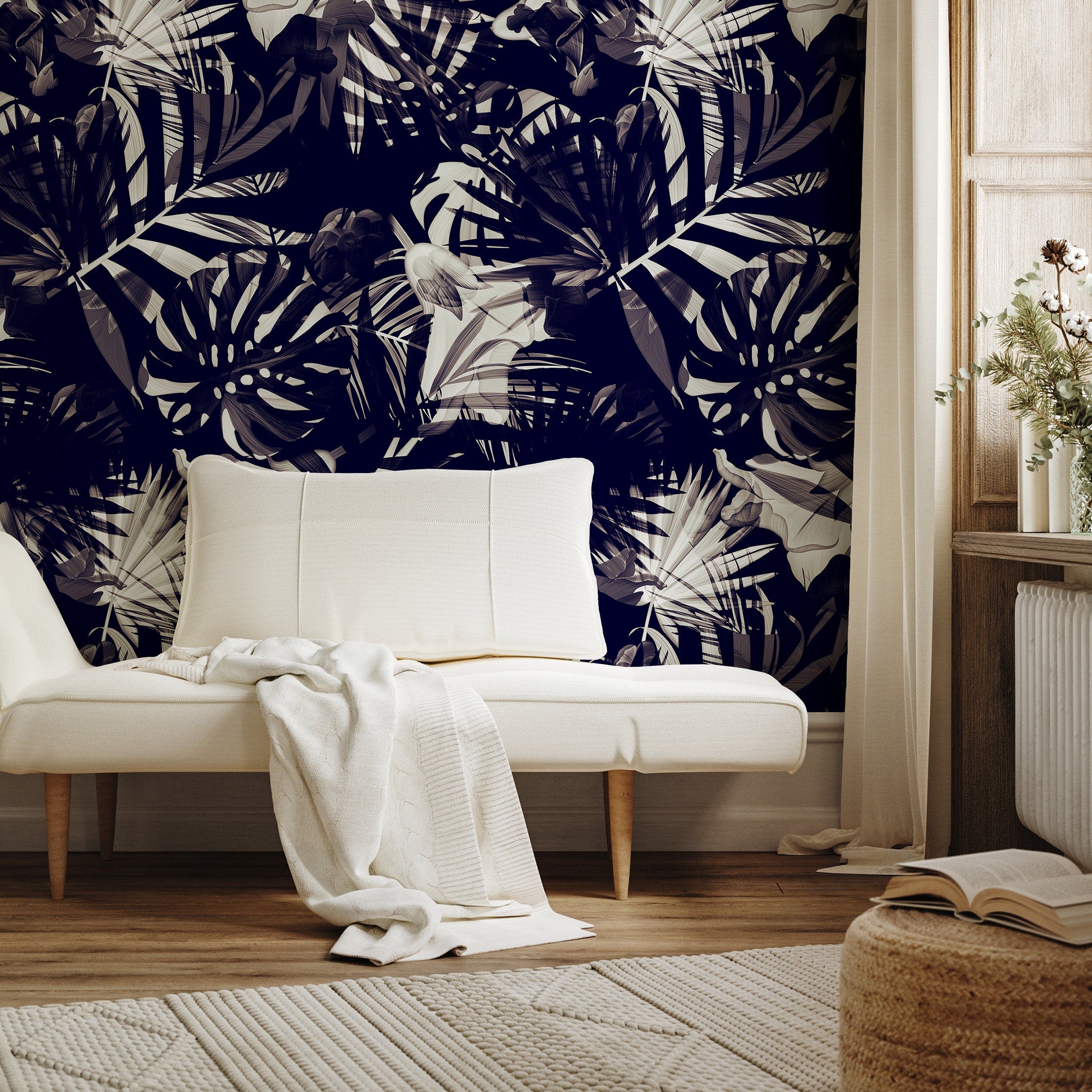 Tropical Wallpaper With Layered Palm Leaves In Navy, Taupe, And Beige - A975