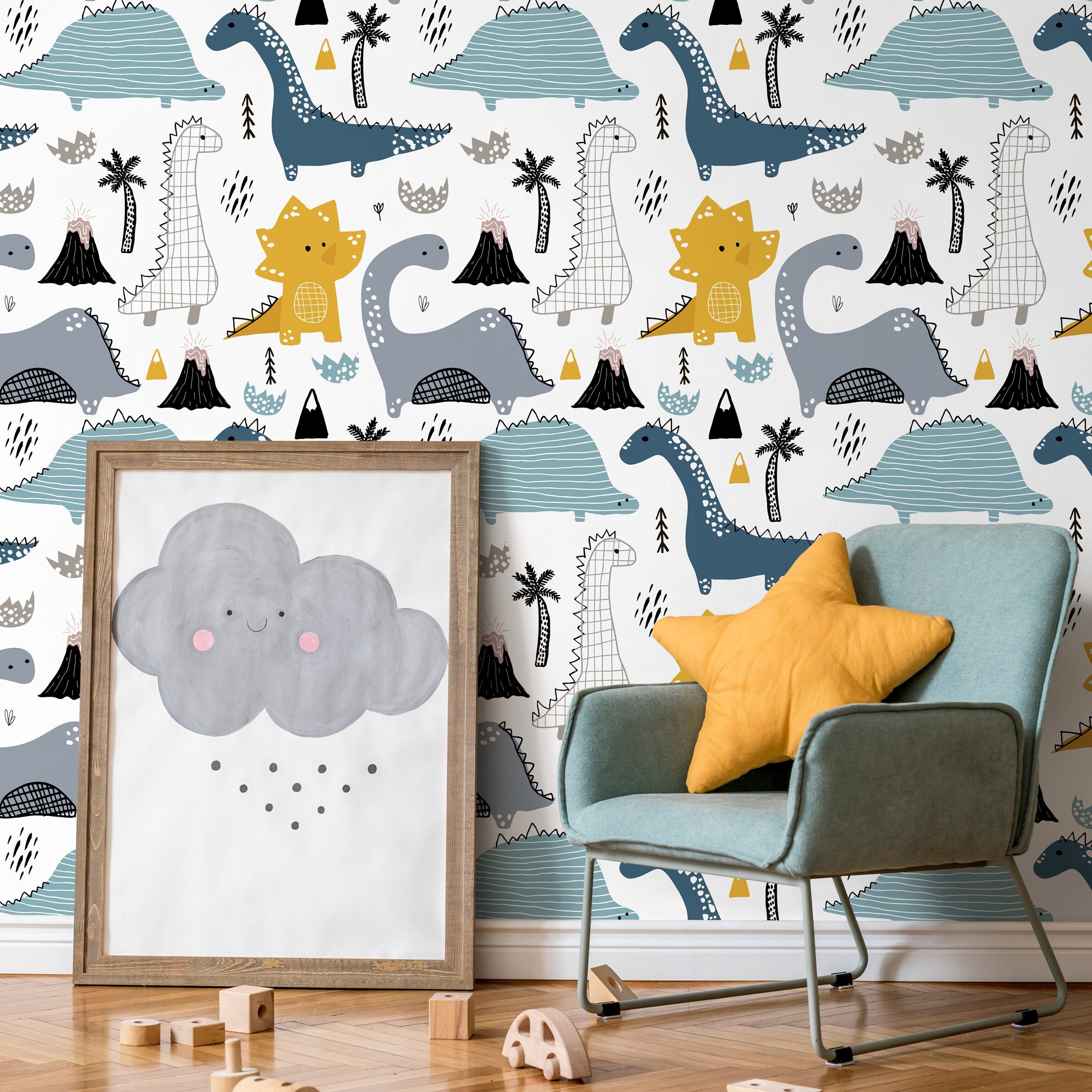 Dinosaur Wallpaper With Hand-drawn Motifs In Blue, Yellow, And Gray - B247