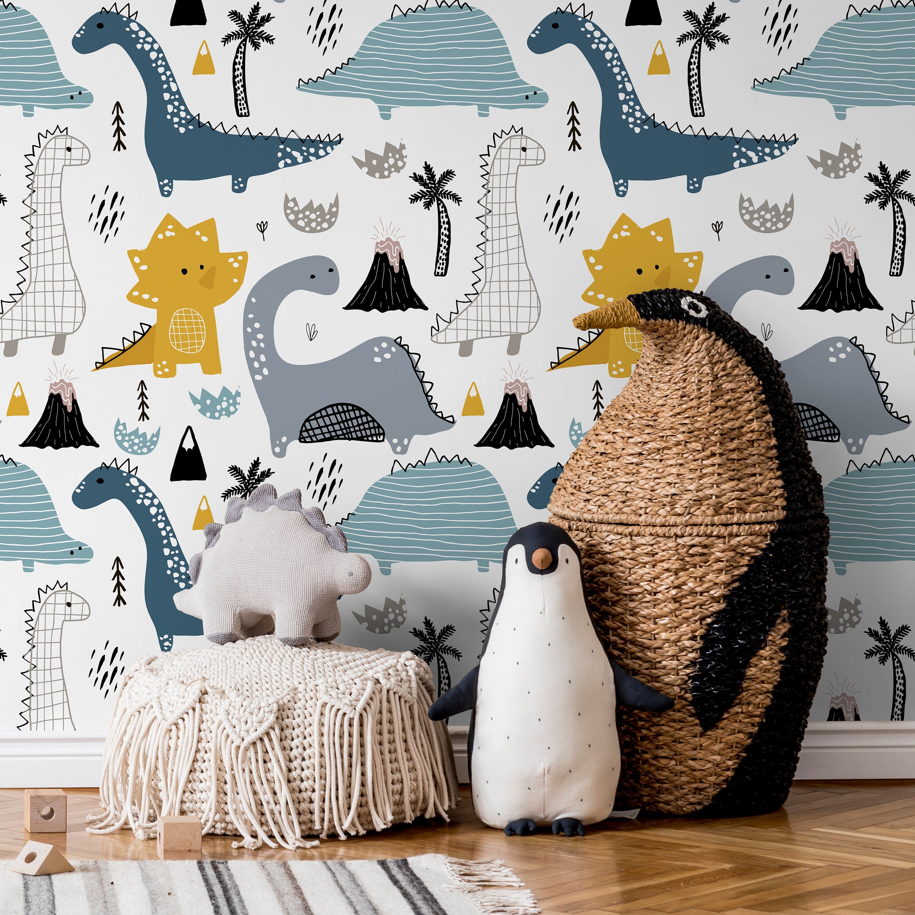 Dinosaur Wallpaper With Hand-drawn Motifs In Blue, Yellow, And Gray - B247
