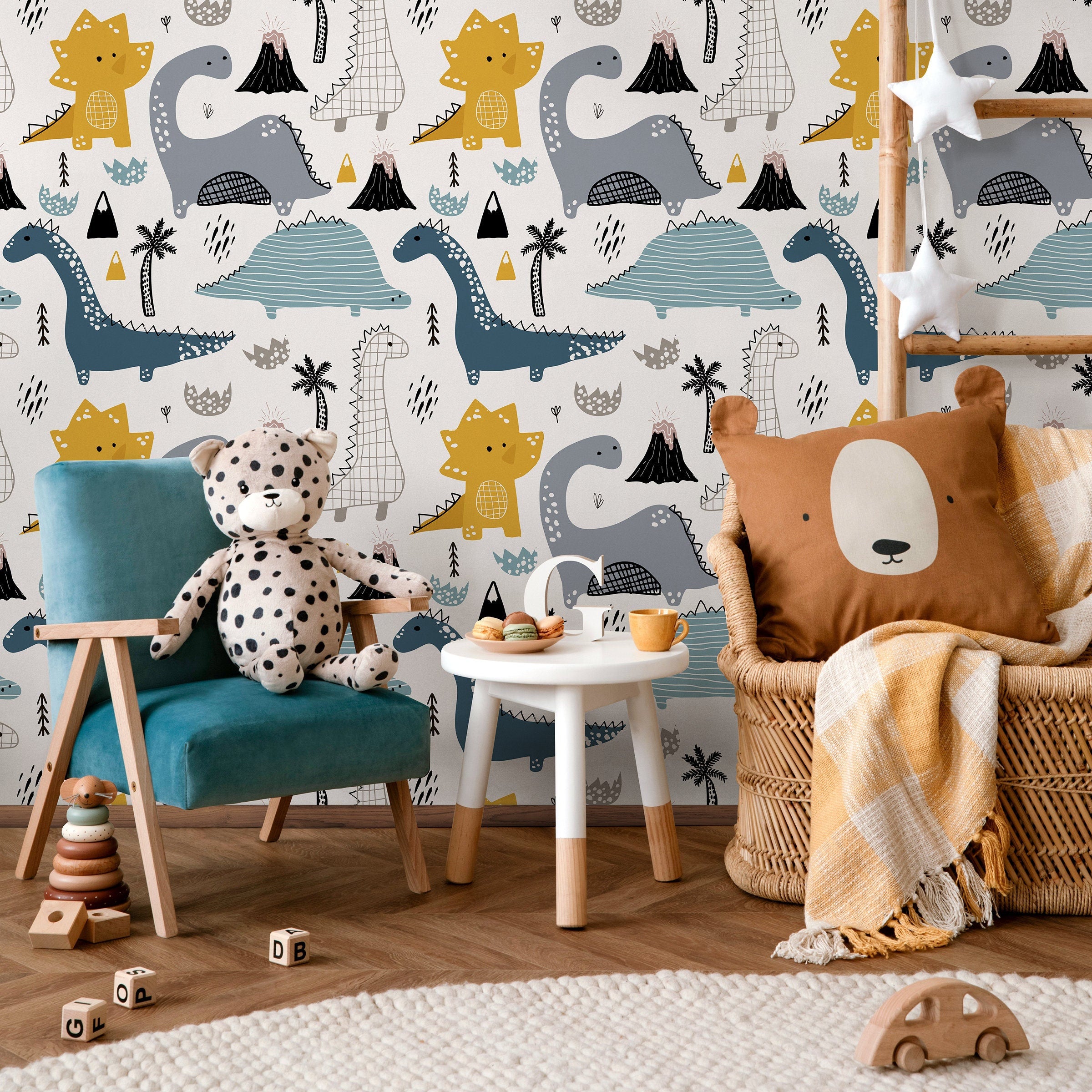 Dinosaur Wallpaper With Hand-drawn Motifs In Blue, Yellow, And Gray - B247