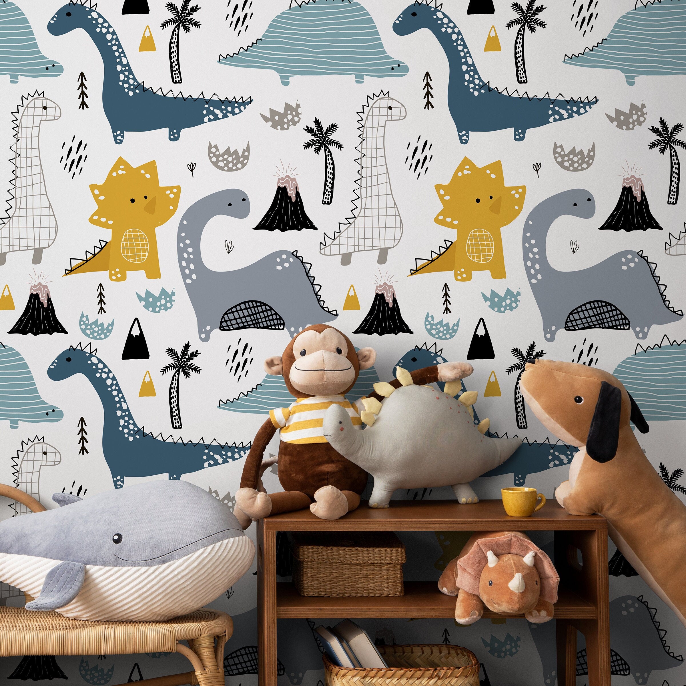 Dinosaur Wallpaper With Hand-drawn Motifs In Blue, Yellow, And Gray - B247