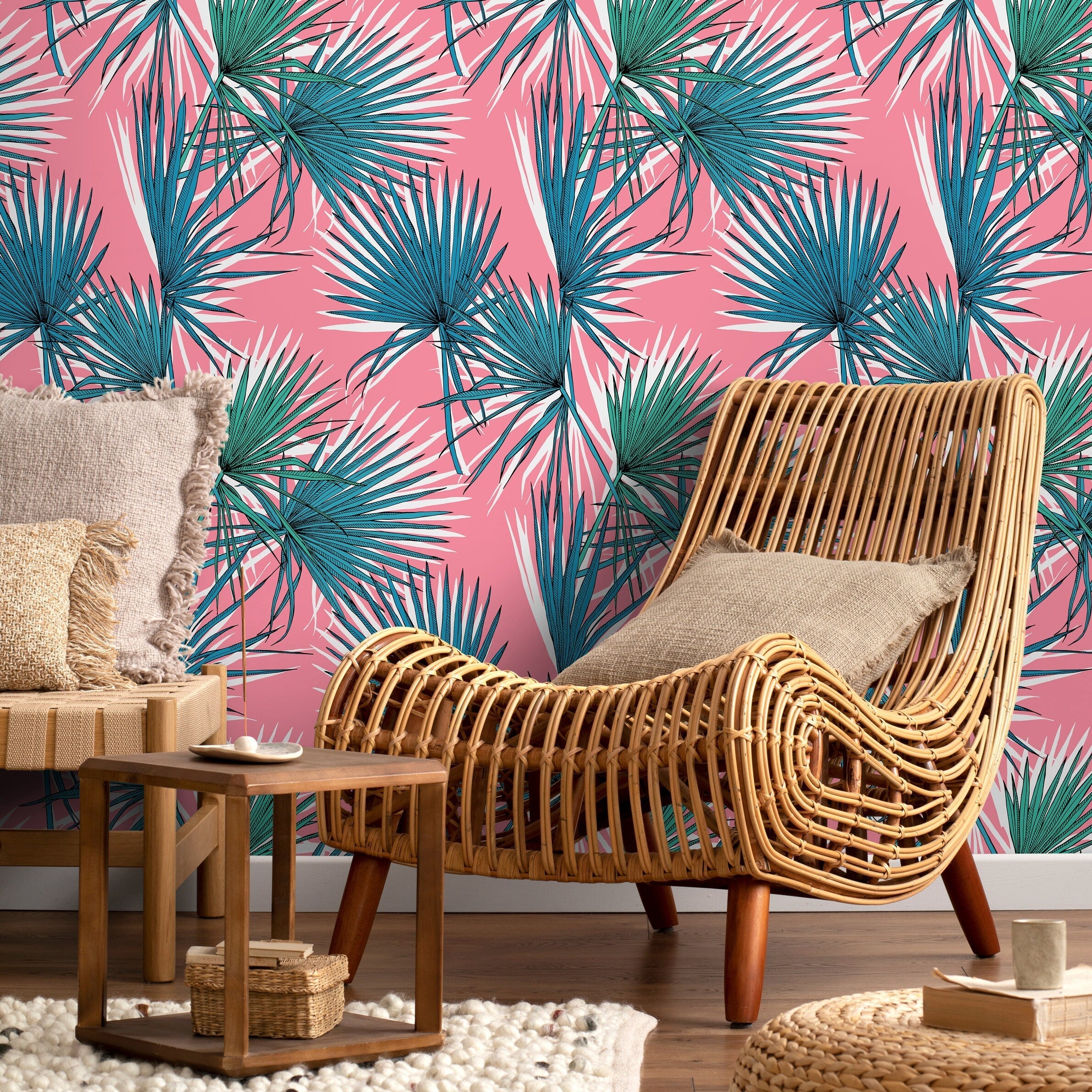 Tropical Wallpaper With Stylized Fan Palm Leaves In Pink, Teal, And Green - B251