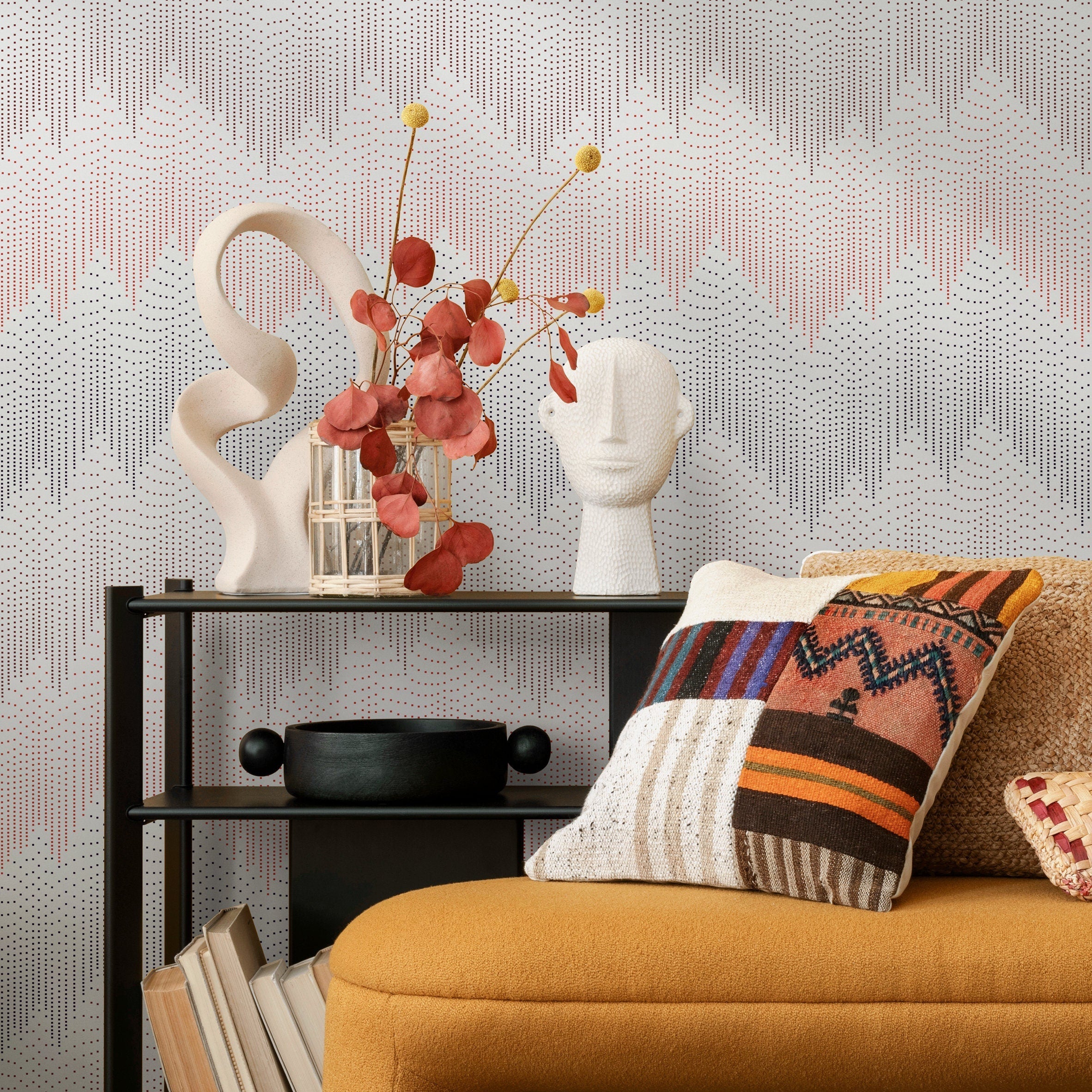 Abstract Wallpaper With A Cascading Dot Motif In Black And Red - B254
