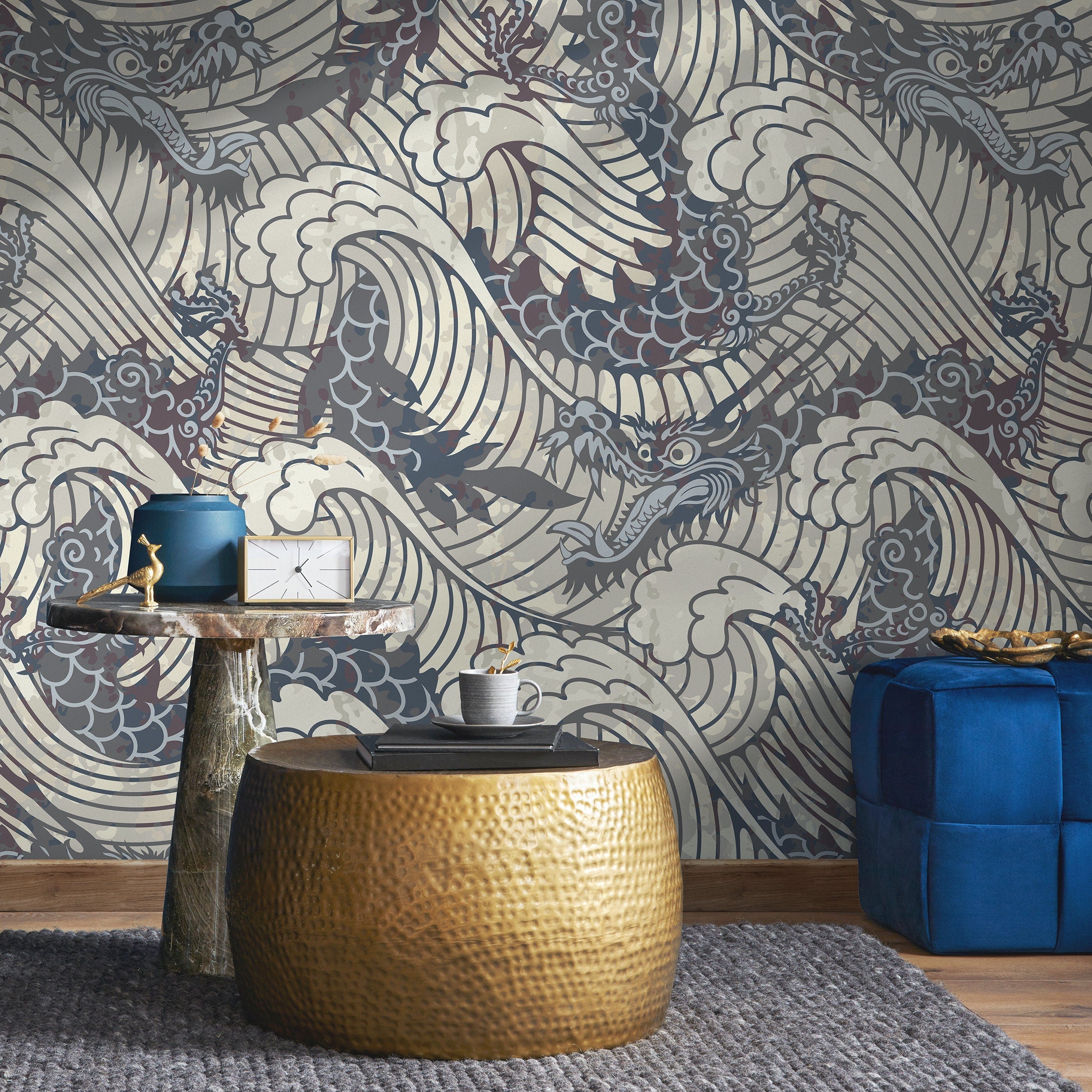 Japanese Wallpaper With A Dragon And Wave Motif In Gray And Beige - B257