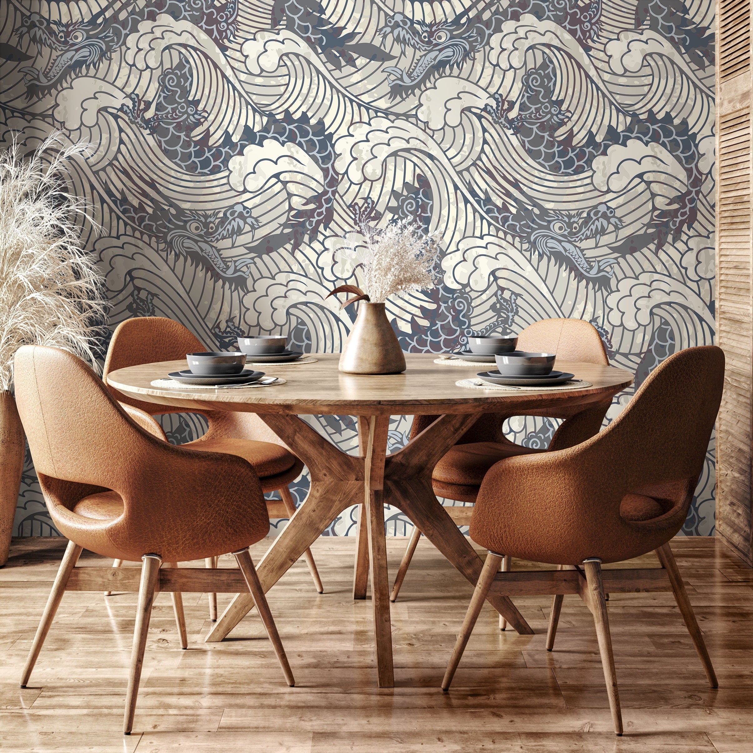 Japanese Wallpaper With A Dragon And Wave Motif In Gray And Beige - B257