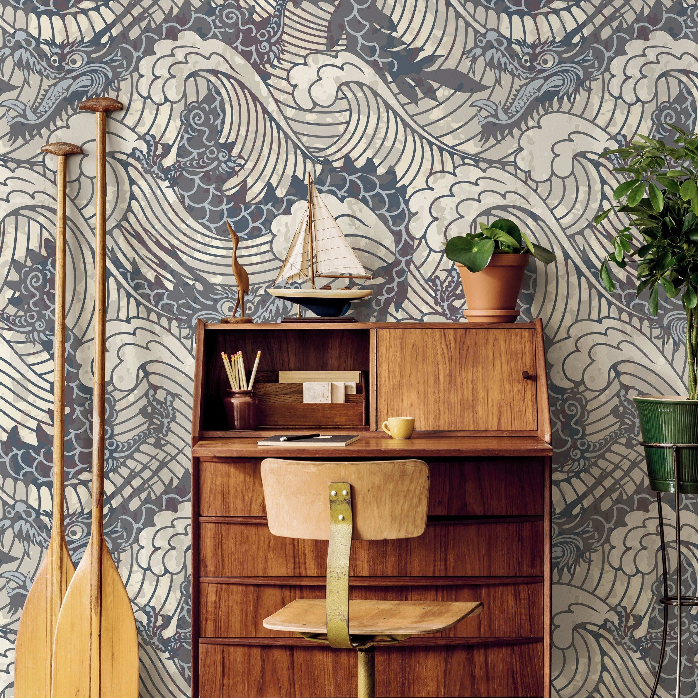 Japanese Wallpaper With A Dragon And Wave Motif In Gray And Beige - B257