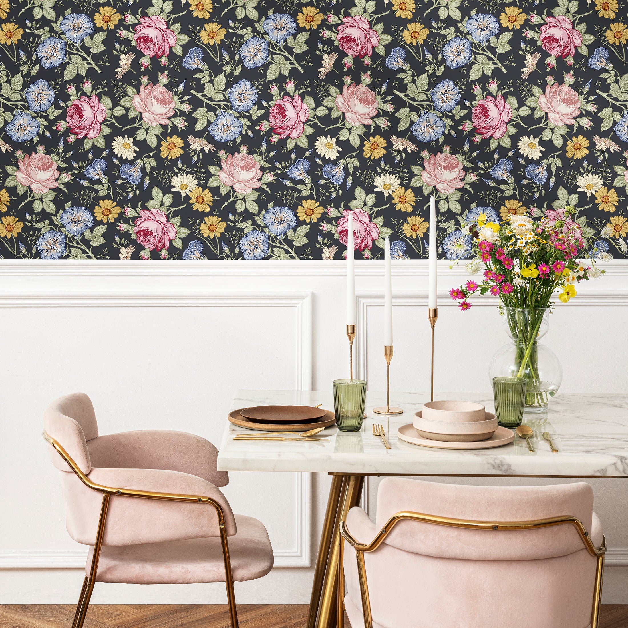 Floral Wallpaper Featuring Vintage Roses In Pink, Blue, And Yellow - B261