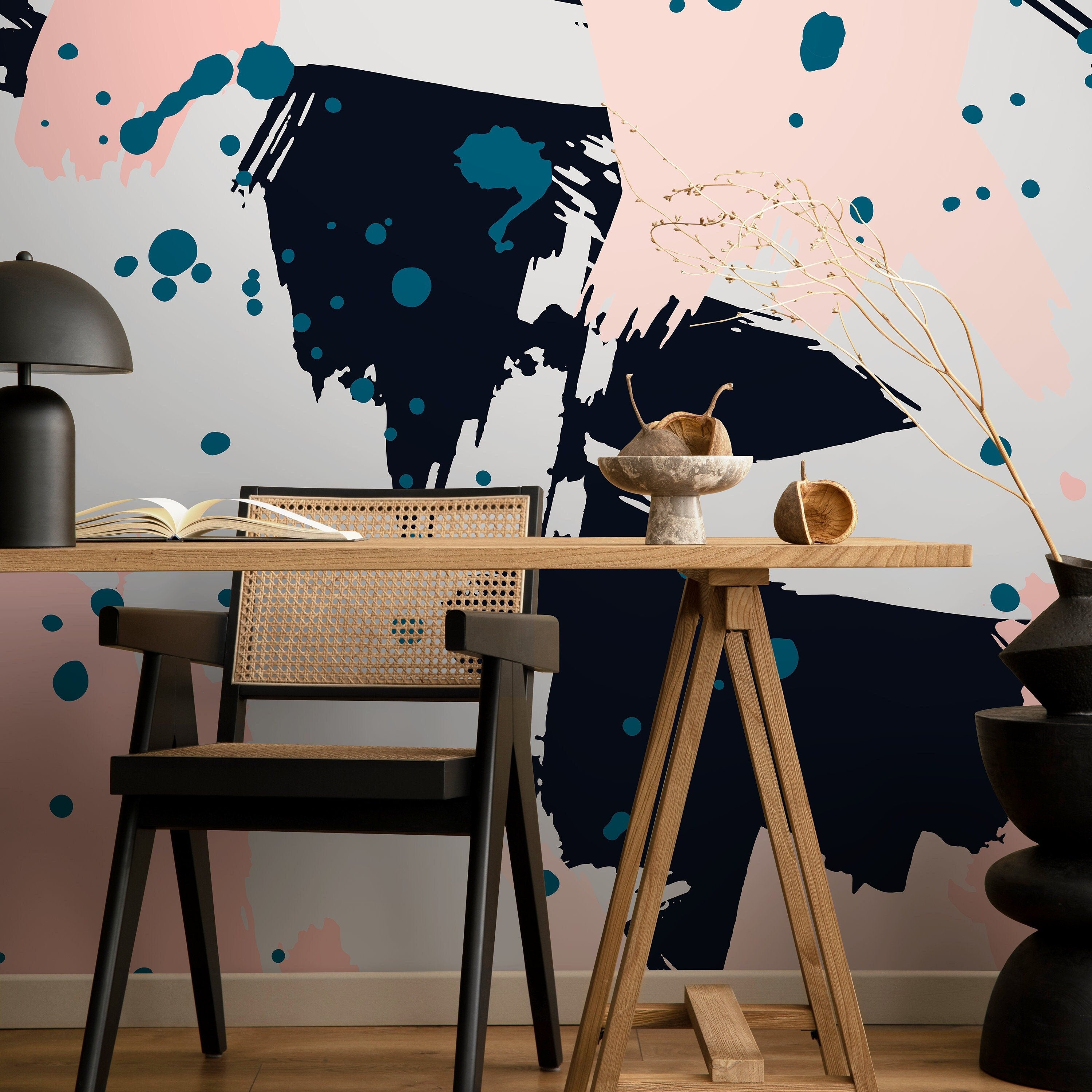 Abstract Wallpaper With Artistic Brush Strokes In Pink, Navy, And Teal - B263