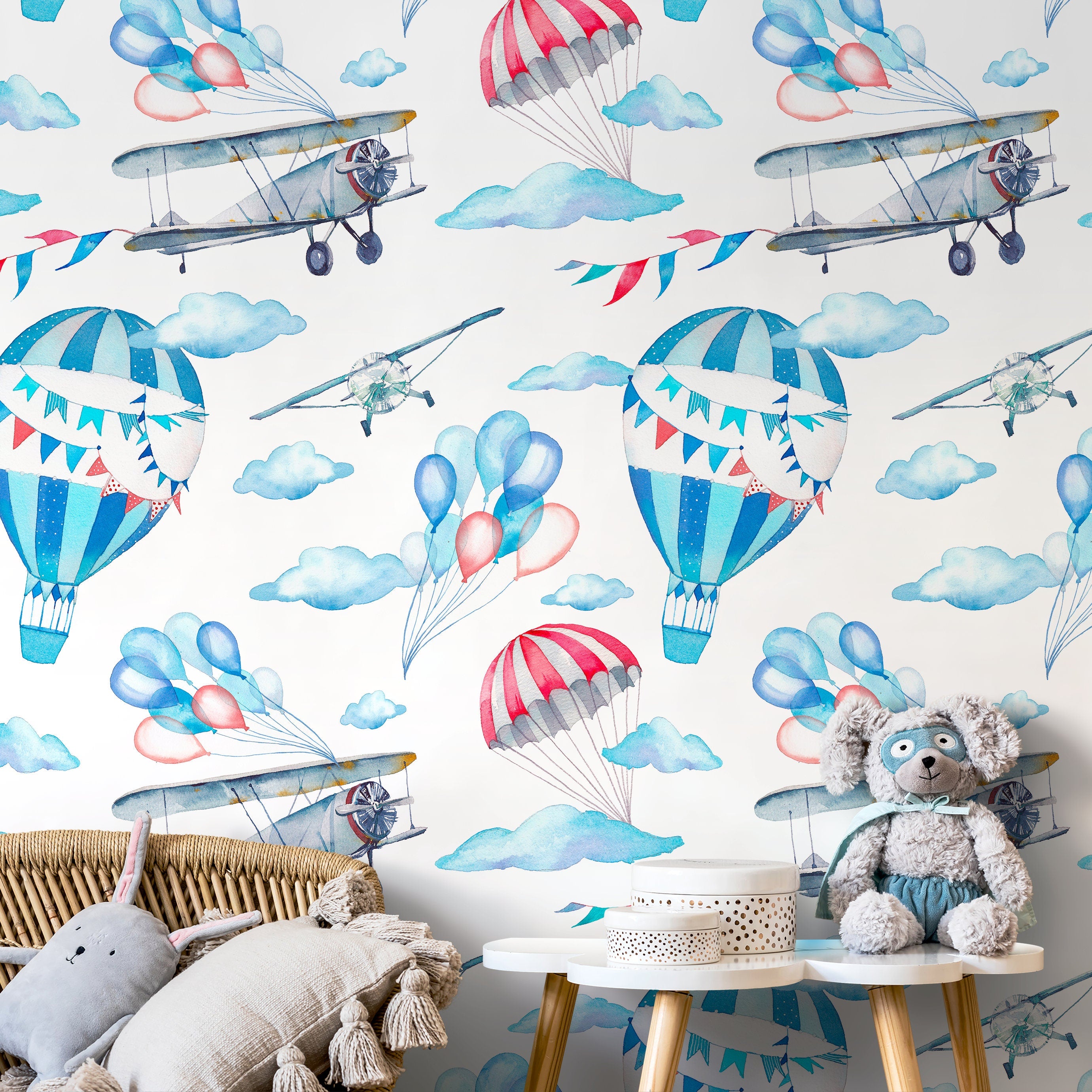 Kids Wallpaper With Airplanes And Hot Air Balloons In Blue And Red - B270