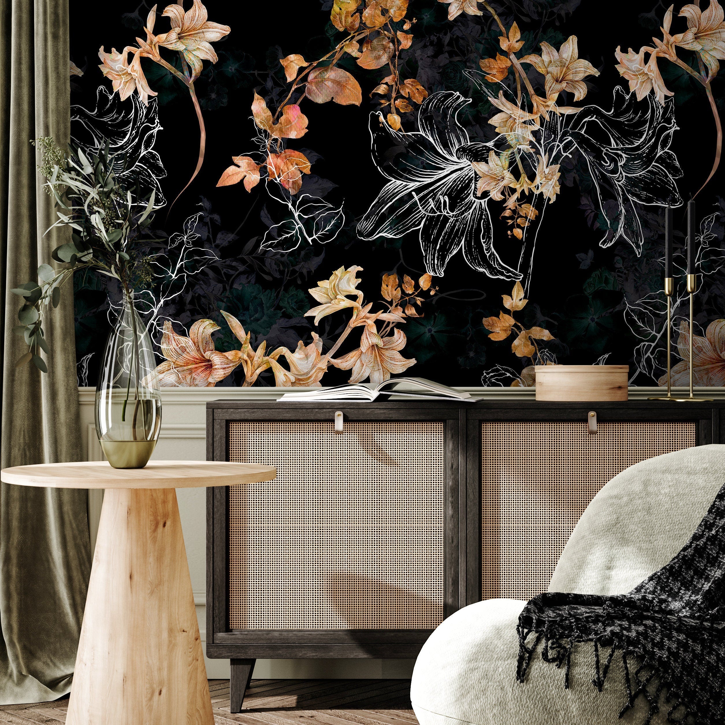 Floral Wallpaper With Sketched And Painted Lilies In Black, Gold, And White - B272