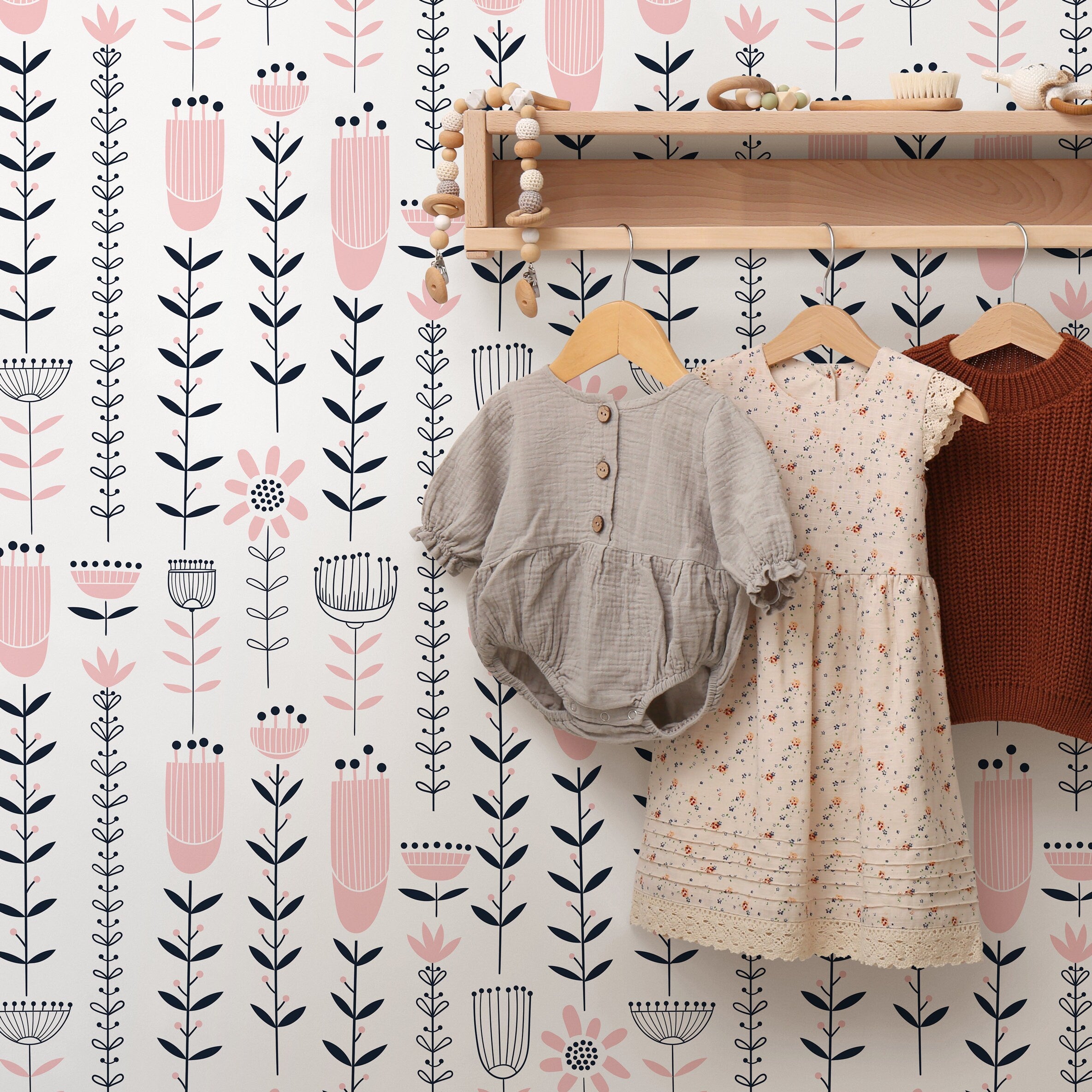 Floral Wallpaper With A Stylized Folk Art Motif In Pink And Black - B273