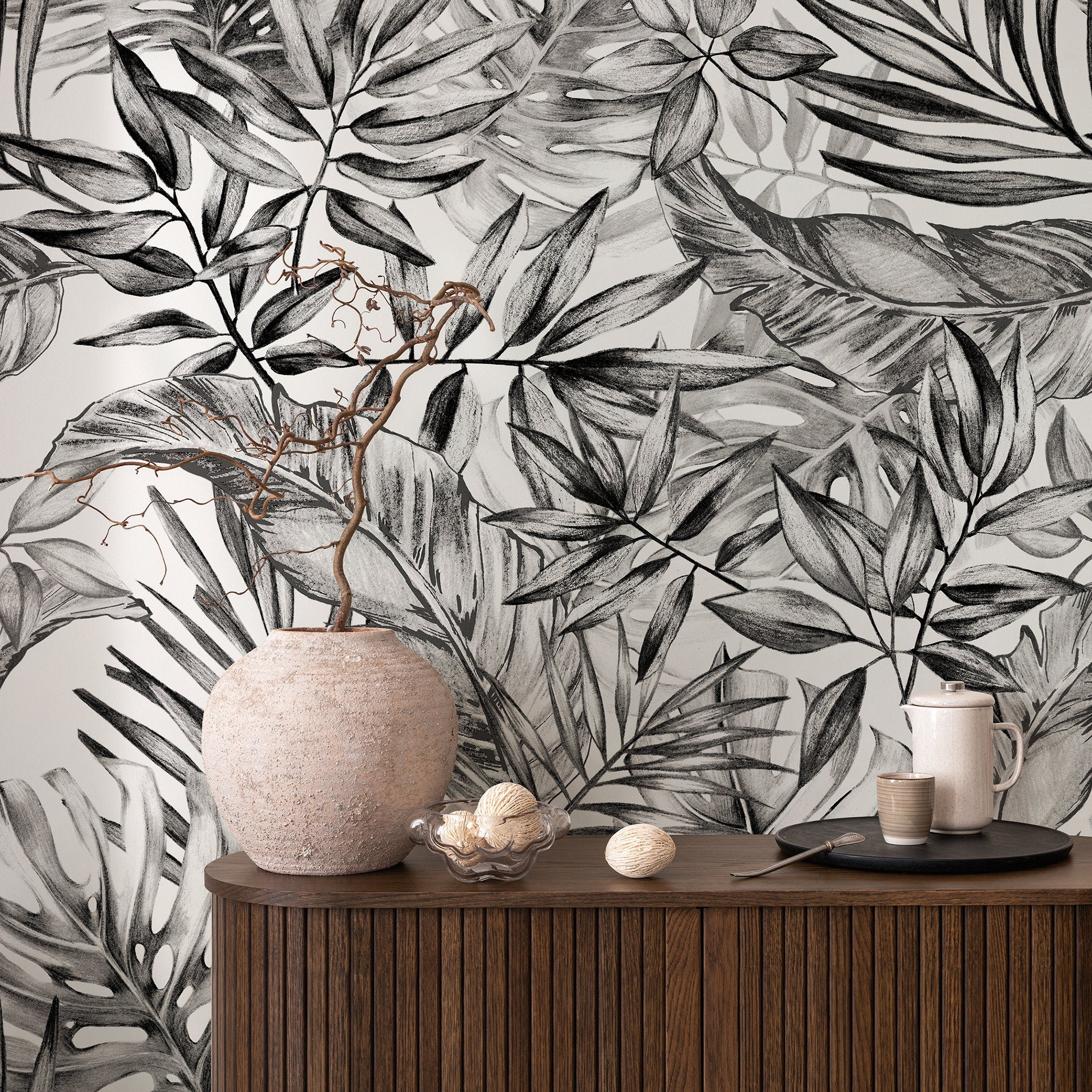 Tropical Wallpaper With A Jungle Foliage Sketch In Black And White - A277