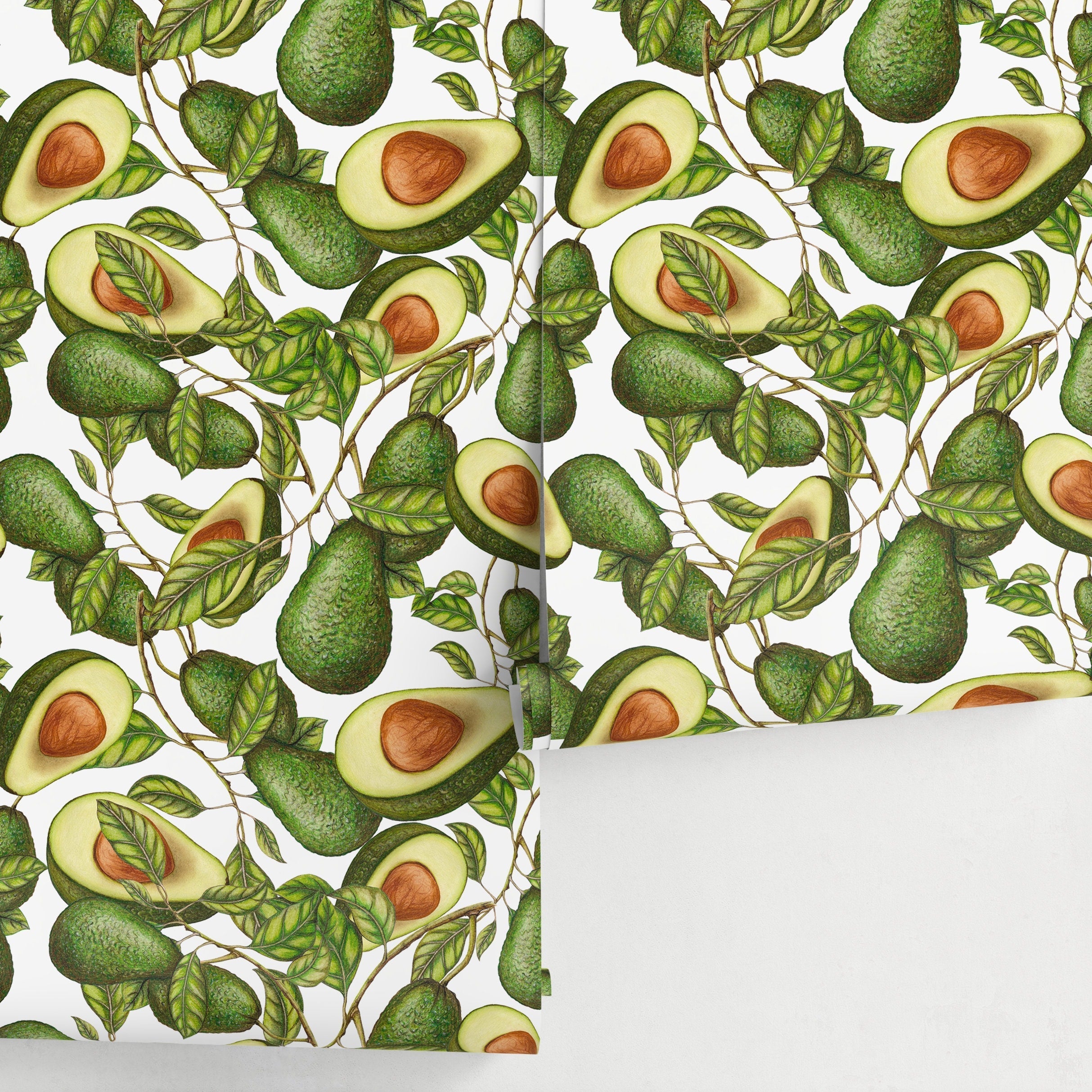 Botanical Wallpaper With An Illustrated Avocado Motif In Green And Brown - A280