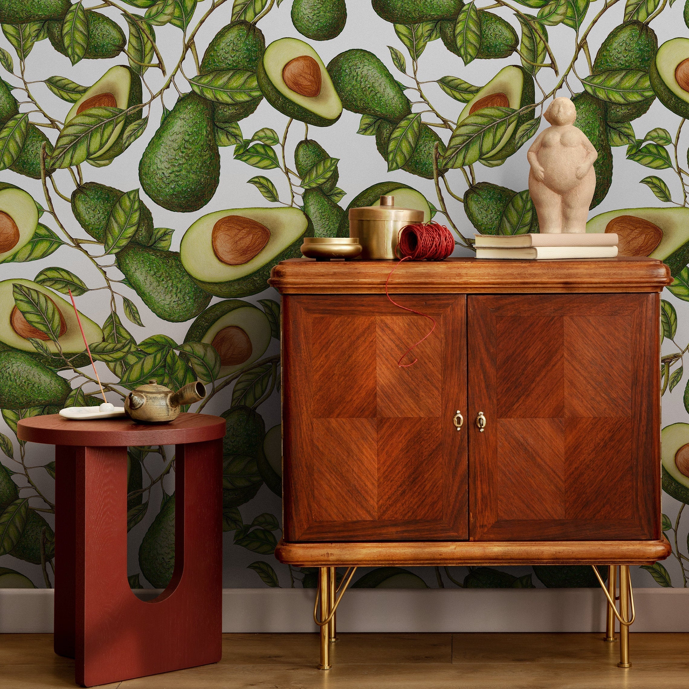 Botanical Wallpaper With An Illustrated Avocado Motif In Green And Brown - A280