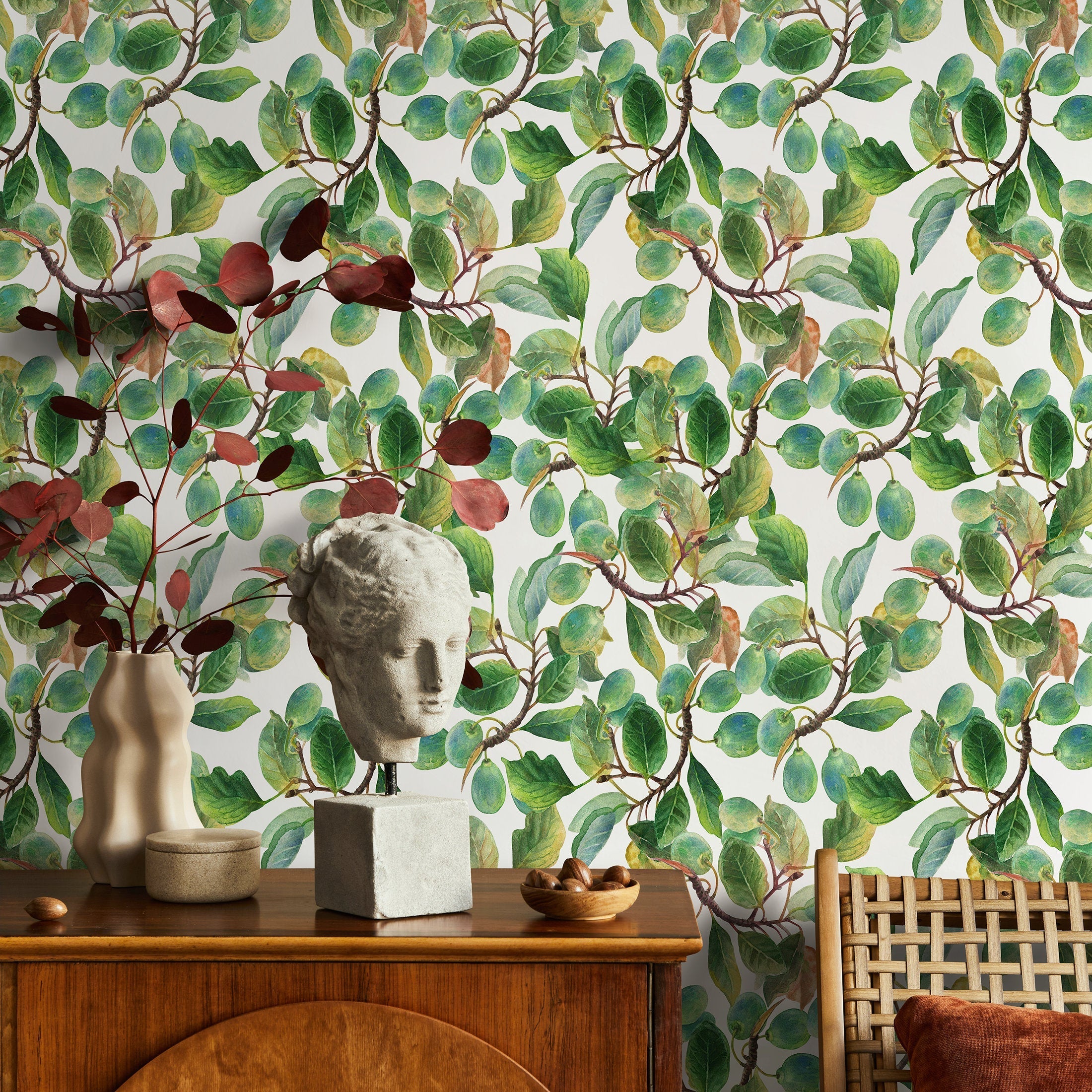 Botanical Wallpaper Featuring Watercolor Fruit Branches In Green And Brown - A288