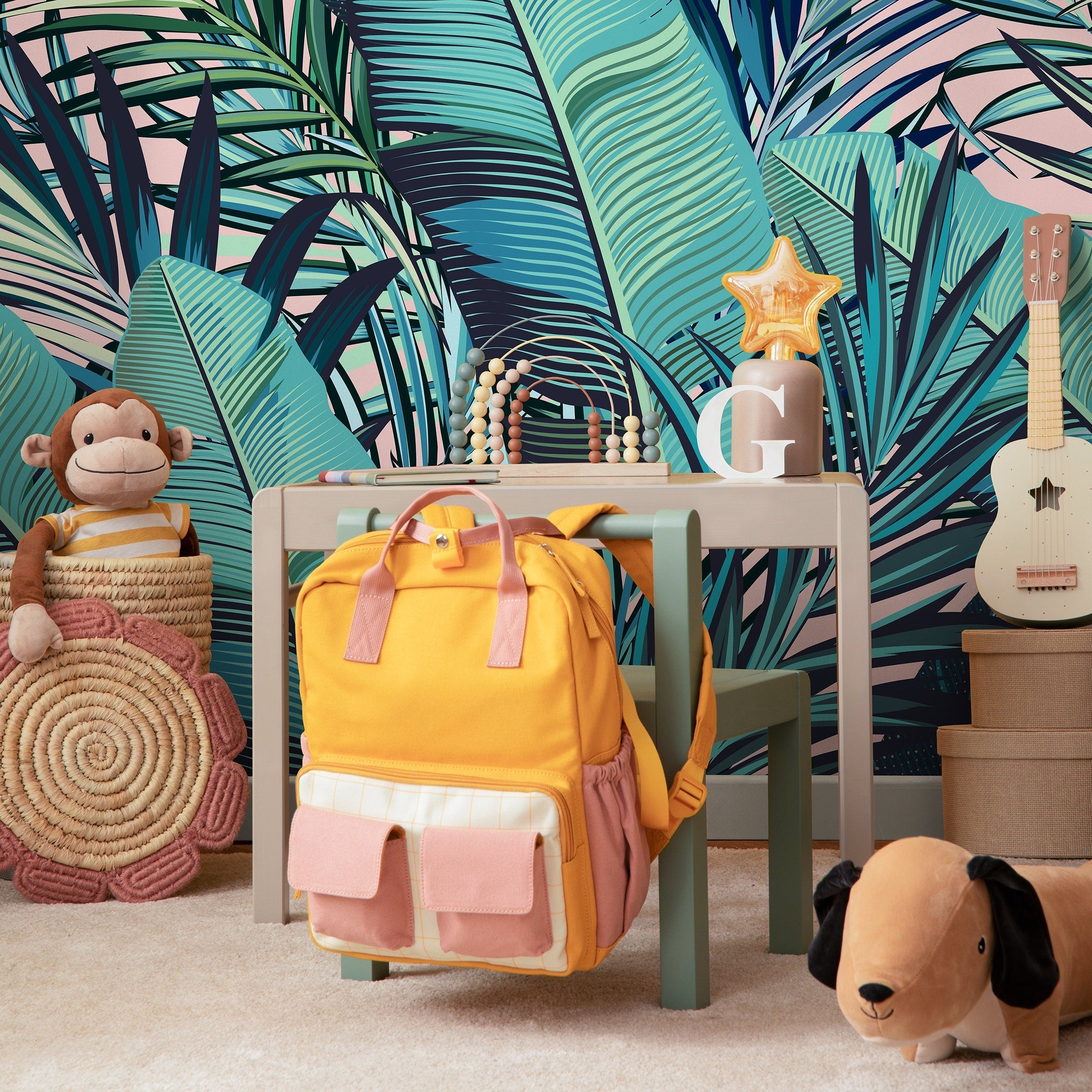 Tropical Wallpaper With Layered Palm And Banana Leaves In Pink, Teal, And Green - A794