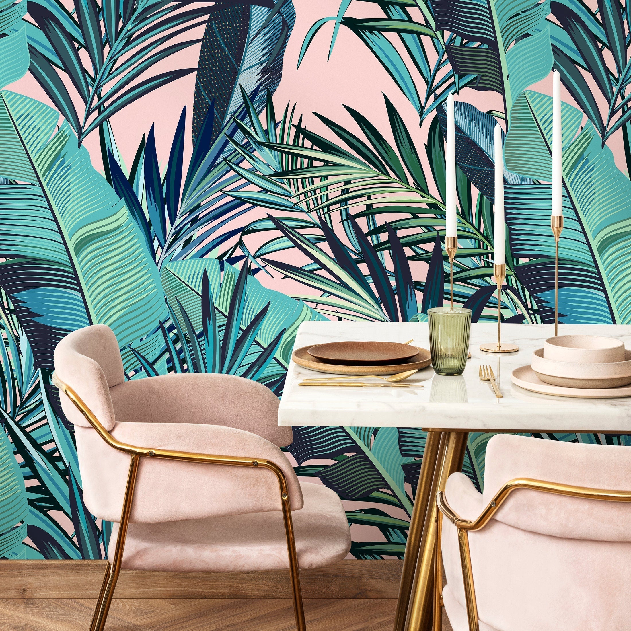 Tropical Wallpaper With Layered Palm And Banana Leaves In Pink, Teal, And Green - A794