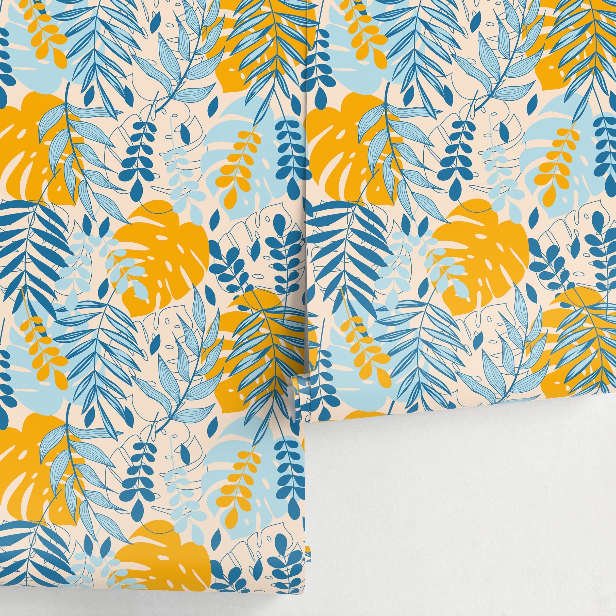 Tropical Wallpaper With A Boho Leaf Motif In Yellow And Blue - A808
